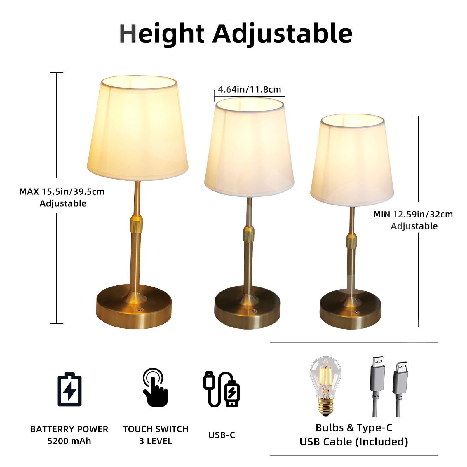 Bwhshk Usb Rechargebale Lamp For Bedroom,Adjustable Desk Lamps,Reading Night Lights,Metal Round Line Fabric Table Lamp For Living Room (Gold)