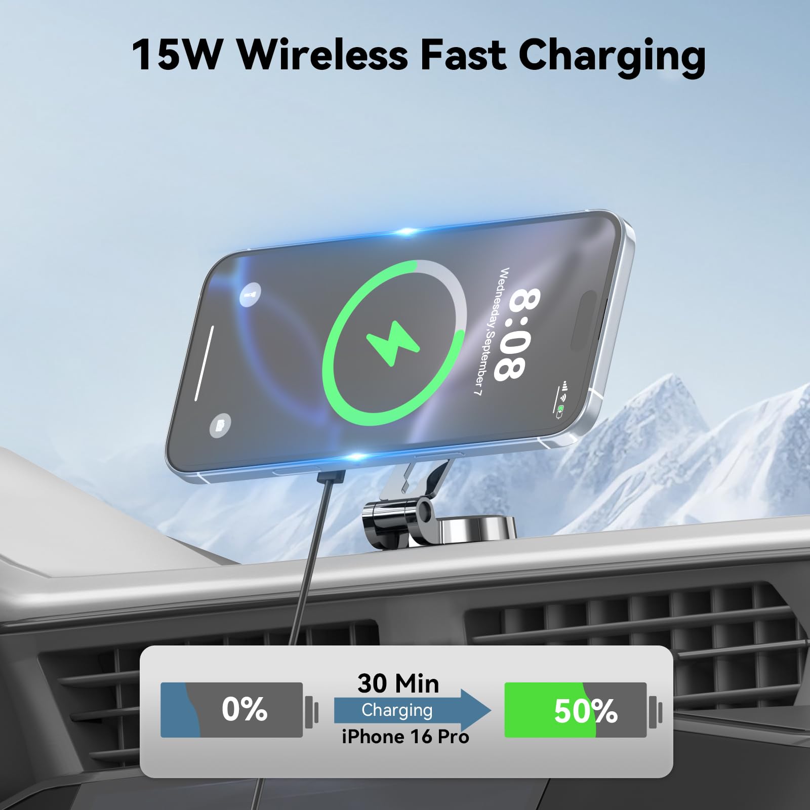 Lecork For Magsafe Car Mount Charger, 15W Magnetic Wireles Car Charger For Iphone 12 13 14 15 16 Series, Stick On Dashboard Phone Holder Mount For Samsung S25 Series, Zinc Alloy Shell, Black