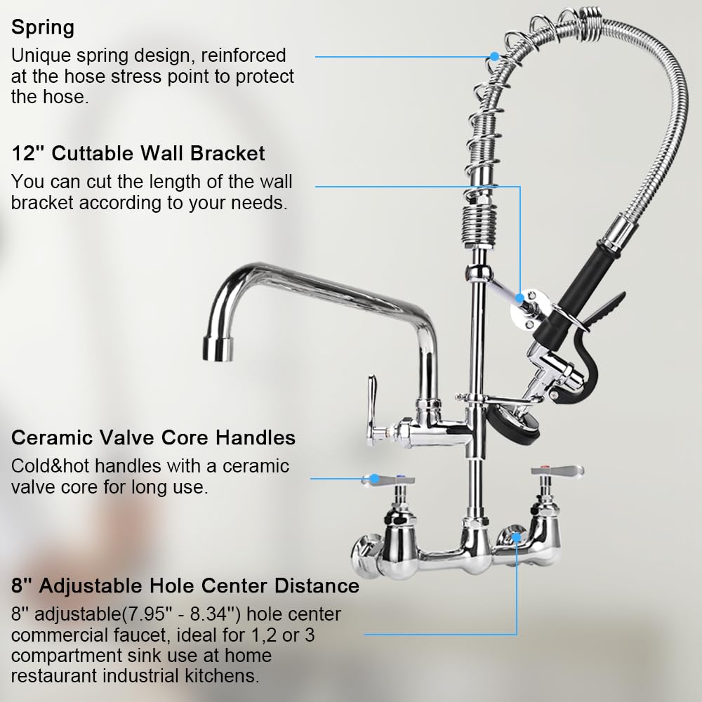 Tceumik Commercial Kitchen Faucet With Sprayer Wall Mount 25'' Height 8 Inch Adjustable Center Industrial & Restaurant Sink Faucet With 12" Swivel Spout Pre-Rinse Faucet For 1 2 3 Compartment Sink