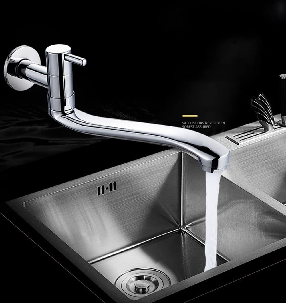 Aide Wall Mounted Cold Water Sink Faucet, Single Handle Brass Tap For Kitchen Garden Outdoor Laundry Sink With Stainless Steel Tube, Chromed, 9 Inch