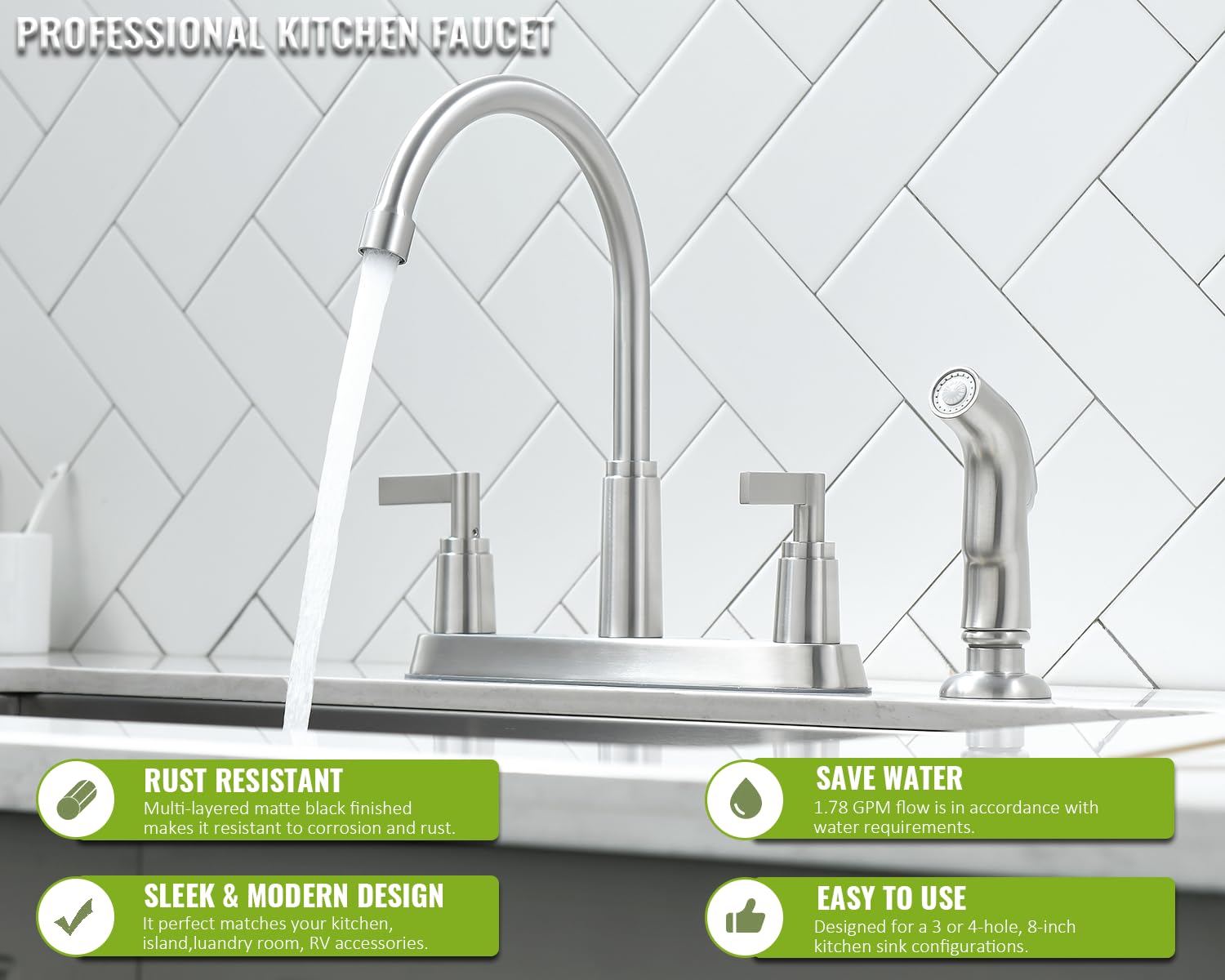 Rainmax Kitchen Faucet With Sprayer, Brushed Nickel Stainless Steel Kitchen Sink Faucet With Side Sprayer, 3 Hole Or 4 Hole Faucet For Kitchen Sink, Commercial Rv Laundry Utility Kitchen Faucet Kmf023L-1