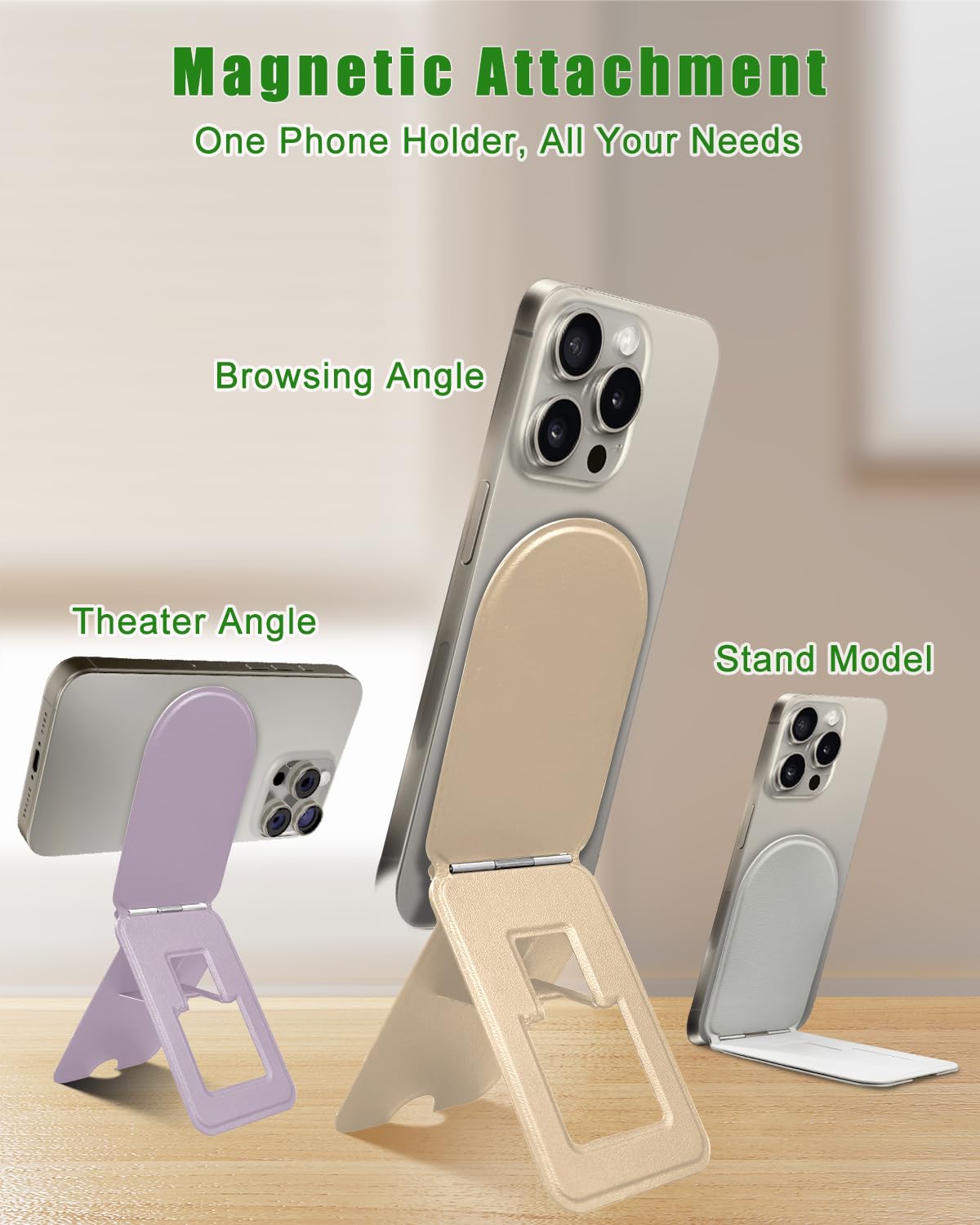 Guyefofo Phone Stand, Magnetic Phone Tripod, Eco-Friendly & Stain-Resistant Leather, Angle Adjustment & Strong Magnet Tripod For Iphone 16/15/14/13/12 (Included Metal Ring) - Khaki