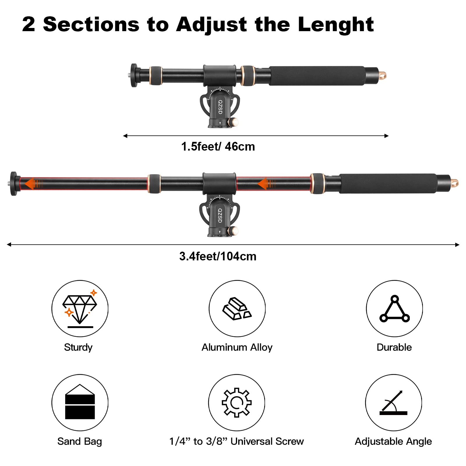 Soonpho Ql-02 Heavy Duty Extension Boom Arm Bar, 1.5Ft To 3.4Ft Adjustable Aluminum Alloy Crossbar Holding Arm With Sand Bag For Photography Light Stand Tripod,Softbox,Studio Strobe