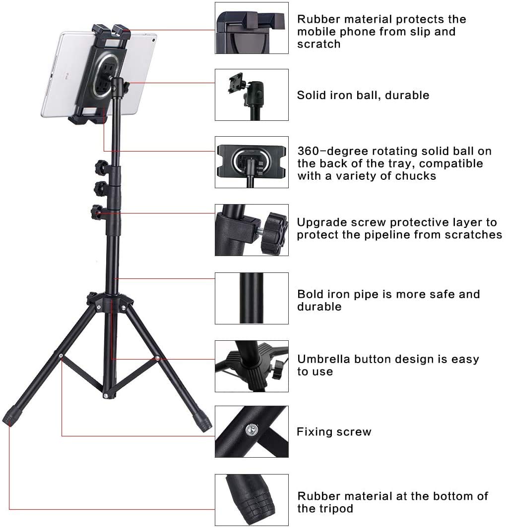 Nunet Tablet Tripod For Ipad Pro Floor Stand Tripod Mount For Surface Pro Samsung Tab S9+ Holder Stand W. Remote 360° Rotating Adjustable 68" Tall For All 5.8-12.9" Phone/Tablet