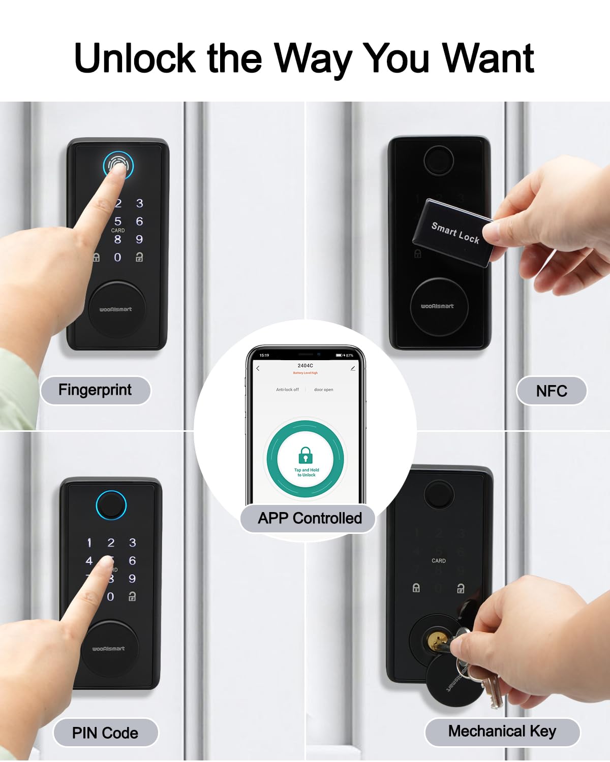 Wooaismart Smart Keyless Entry Door Lock With Biometric Fingerprint & Touchscreen Keypad – Auto-Lock, One-Time Guest Codes, Keypad Deadbolt, One-Touch Locking, App Control, Matte Black Finish