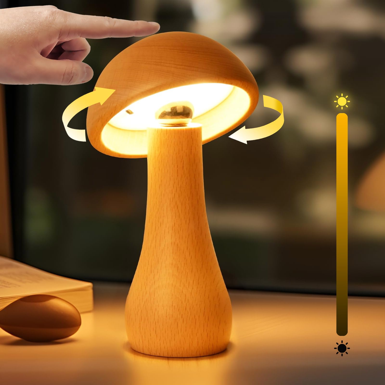 Moroommt Wooden Small Mushroom Lamp, Touch Switch Cordless Table Lamp For Nightstand, Rechargeable Battery Operated Night Light, 360 Degree Rotation Adjustable, Stepless Dimming Desk Lamps For Living Room