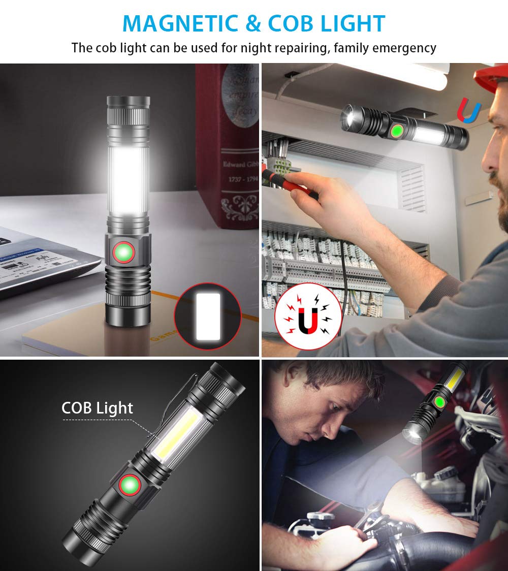 Itoncs Led Tactical Flashlight, Magnetic Flashlight, 2000 Lumens Super Bright Flash Light With Cob Work Light, Waterproof, 4 Modes, Pocket Led Flashlights For Outdoor Camping Emergency