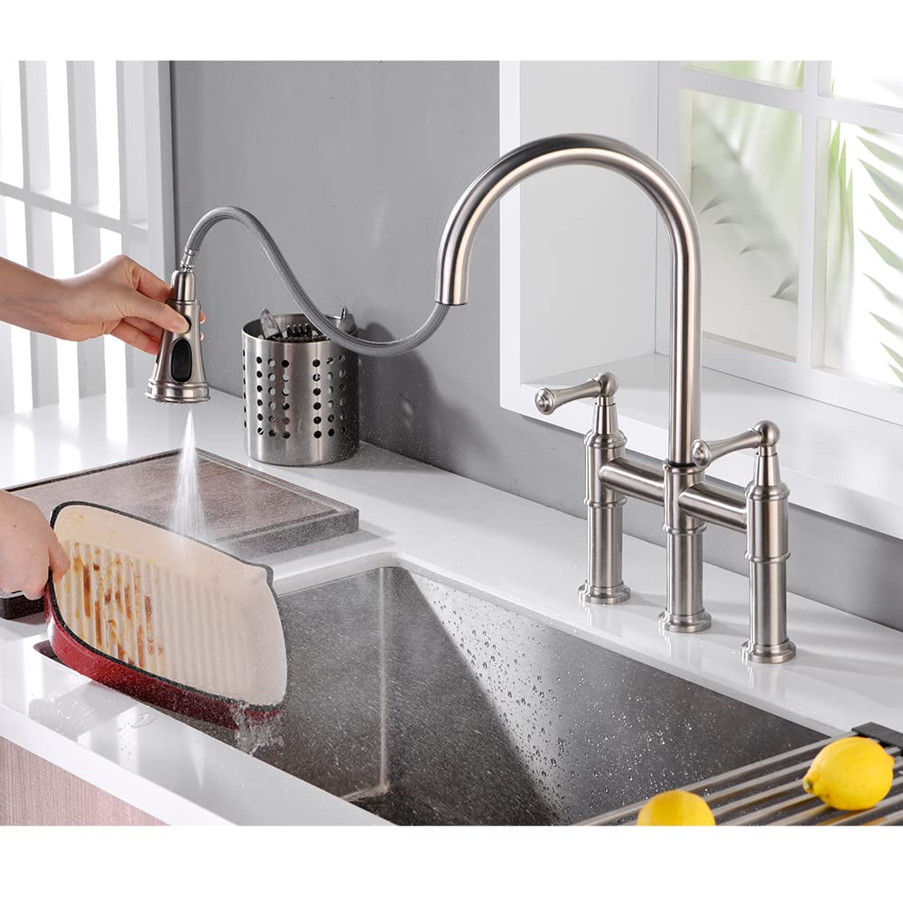 Arrisea Heritage Bridge Kitchen Faucet With Pull-Down Sprayhead 2 Handle 8 Inch Faucet For Kitchen Sinks 3 Hole Install Kitchen Sink Faucet Fingerprint Resistant Spot  Brushed Nickel