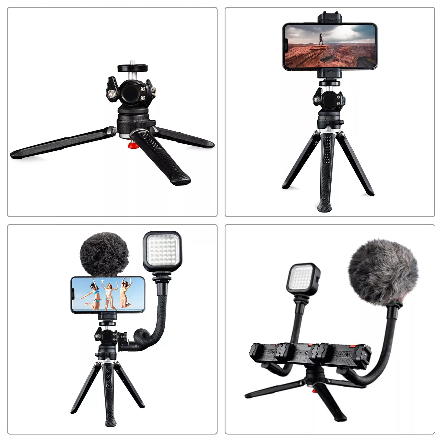 Muchable Portable & Sturdy Adjustable Phone Tripod,Cell Phone Mount Easy To Adjust 360° Ball Head, Mini Tripod With Cold Shoe Mount, 1/4'' Screw For Magic Arm,Selfie Stick Stand For Smartphone Dslr Camera