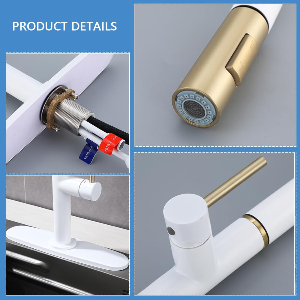 Xhzsfyou Single Handle White Kitchen Faucet With Nickel Gold Sprayer Brass Kitchen Sink Faucets With Pull Down Sprayer Modern Faucets With Dual Function Spray