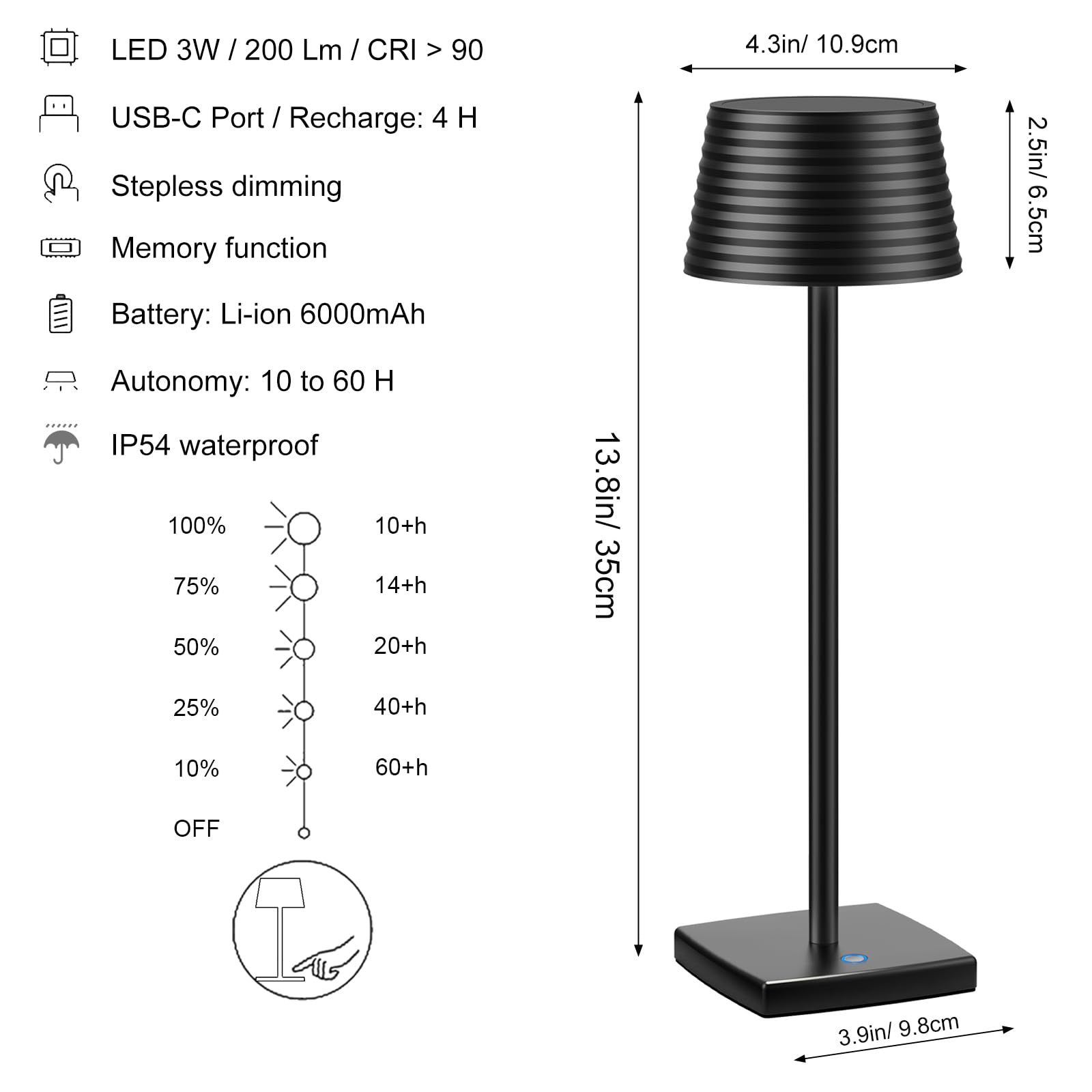 Barryca Cordless Table Lamp Rechargeable, Outdoor Portable Led 6000Mah Battery Operated Lamp, Ip54, Touch Dimmable, For Restaurant Outside Dining Bar Patio Party Cocktail (1-Pack-Black)