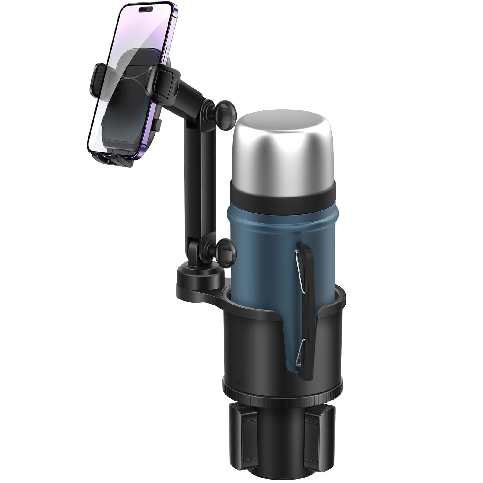 Easkkty Car Cup Holder Expander Phone Holder With Adjustable Arm And Base, 2 In 1 Phone Mount And Cupholder Adapter With Expandable Base For Most Large Drink Bottle And Fit All 4-7'' Smartphones