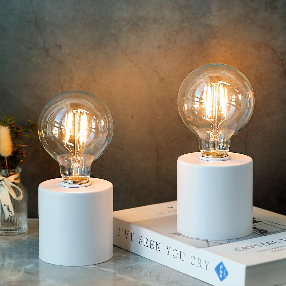 Jhy Design Set Of 2 White Table Lamp Battery Powered 7" Tall Cordless Lamp Light With Edison Style Bulb Battery Operated Great For Living Room Bedroom Weddings Parties Patio Events