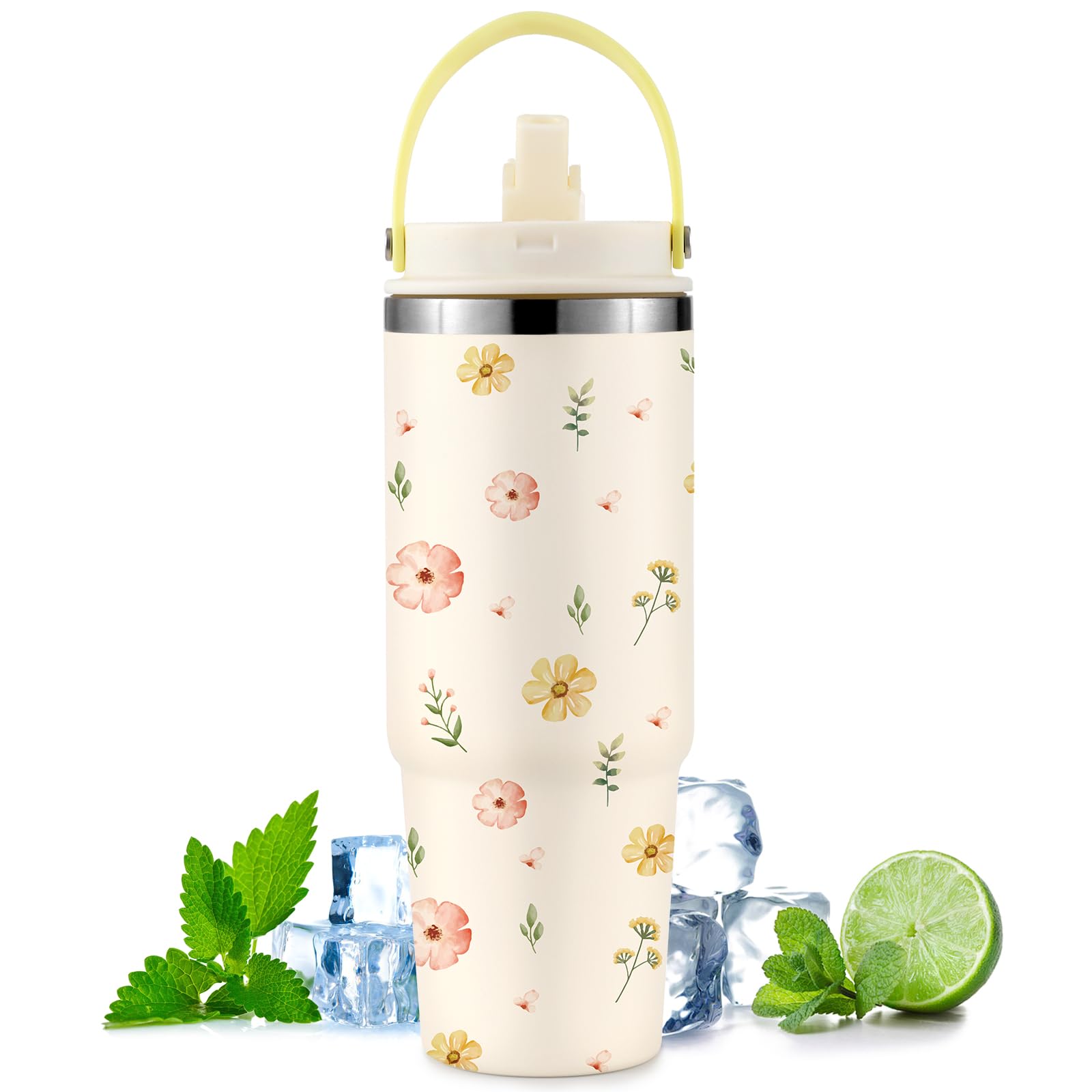 Daisy Tumbler 30Oz Stainless Steel Water Bottle With Handle Flip Straw, Leakproof Travel Mug Iced