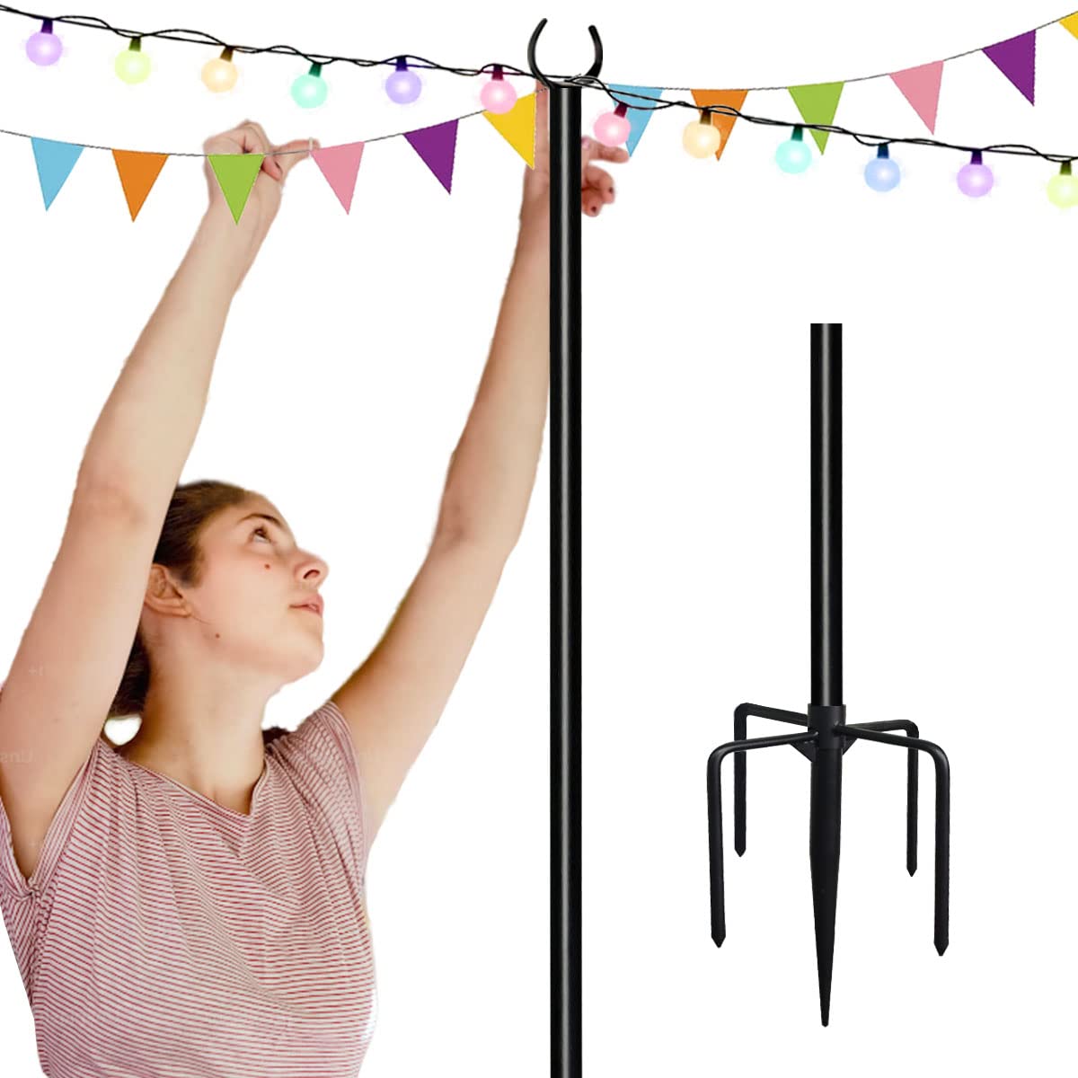 Tigerden 10Ft String Light Pole For Soft Surfaces, Light Pole For Outdoor String Light, Perfect For Garden, Backyard, And Patio Lighting Stand For Parties, Wedding - Matte Black Finish - 1 Pack