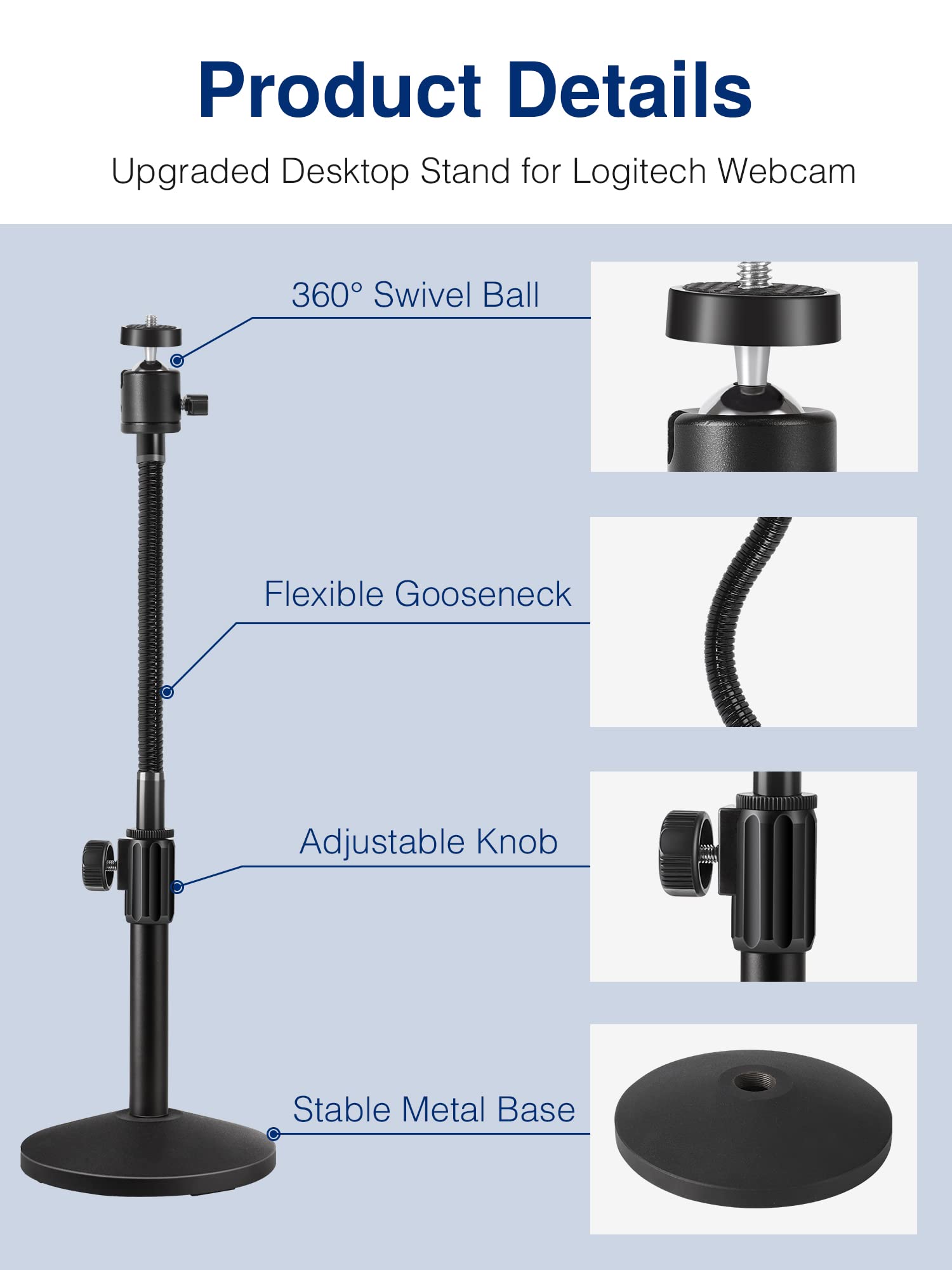 Puroma Webcam Stand Goose-Neck Mount Stand Desktop Stand For Logitech Webcam C922 C930E C920S C920 C615 And Other Webcam With 1/4" Thread