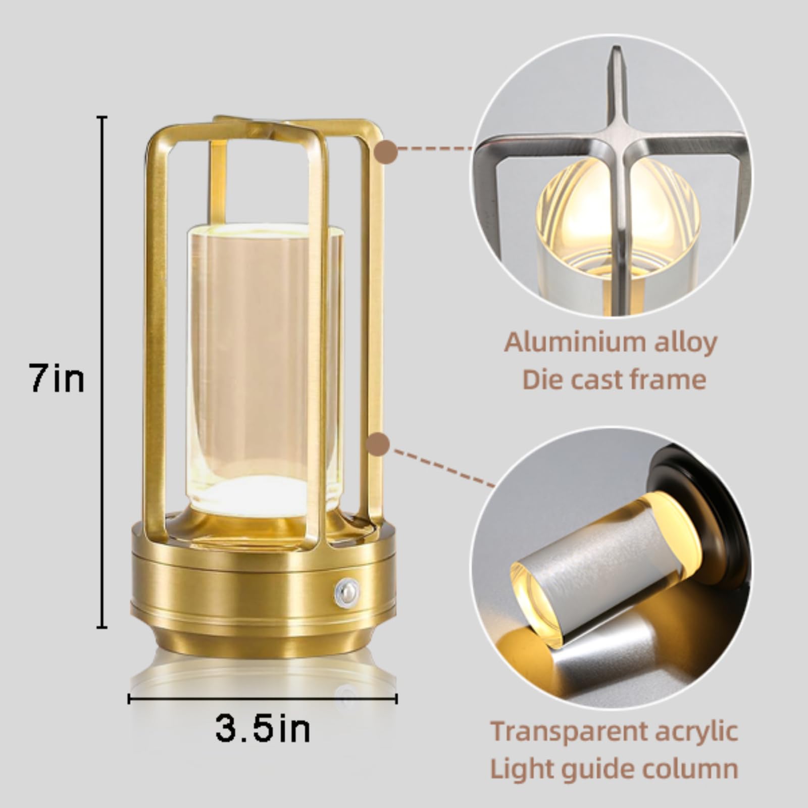 Wibota Crystal Table Lamp For Indoor And Outdoor, Rechargeable Cordless Lamp, 3-Colour 4000Mah Dimming Battery Powered Small Desk Lamp, Restaurant/Bedroom/Bar/Coffee Shop/Camping Light/Nightlight-Gold