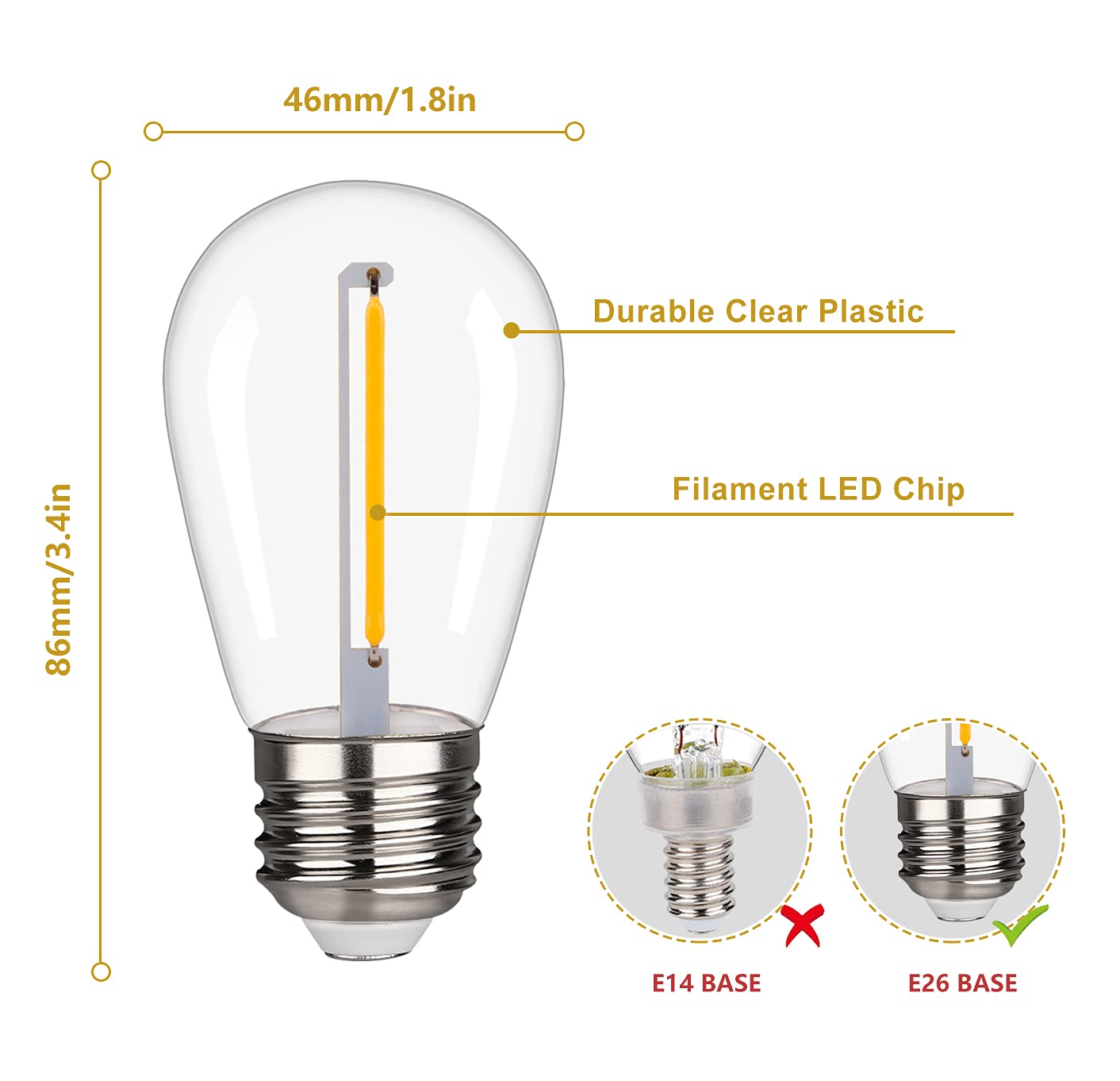 Clsetaic Shatterproof Led String Lights, Waterproof, Warm White 2200K, 70Lm, E26 Base - 15 Pack