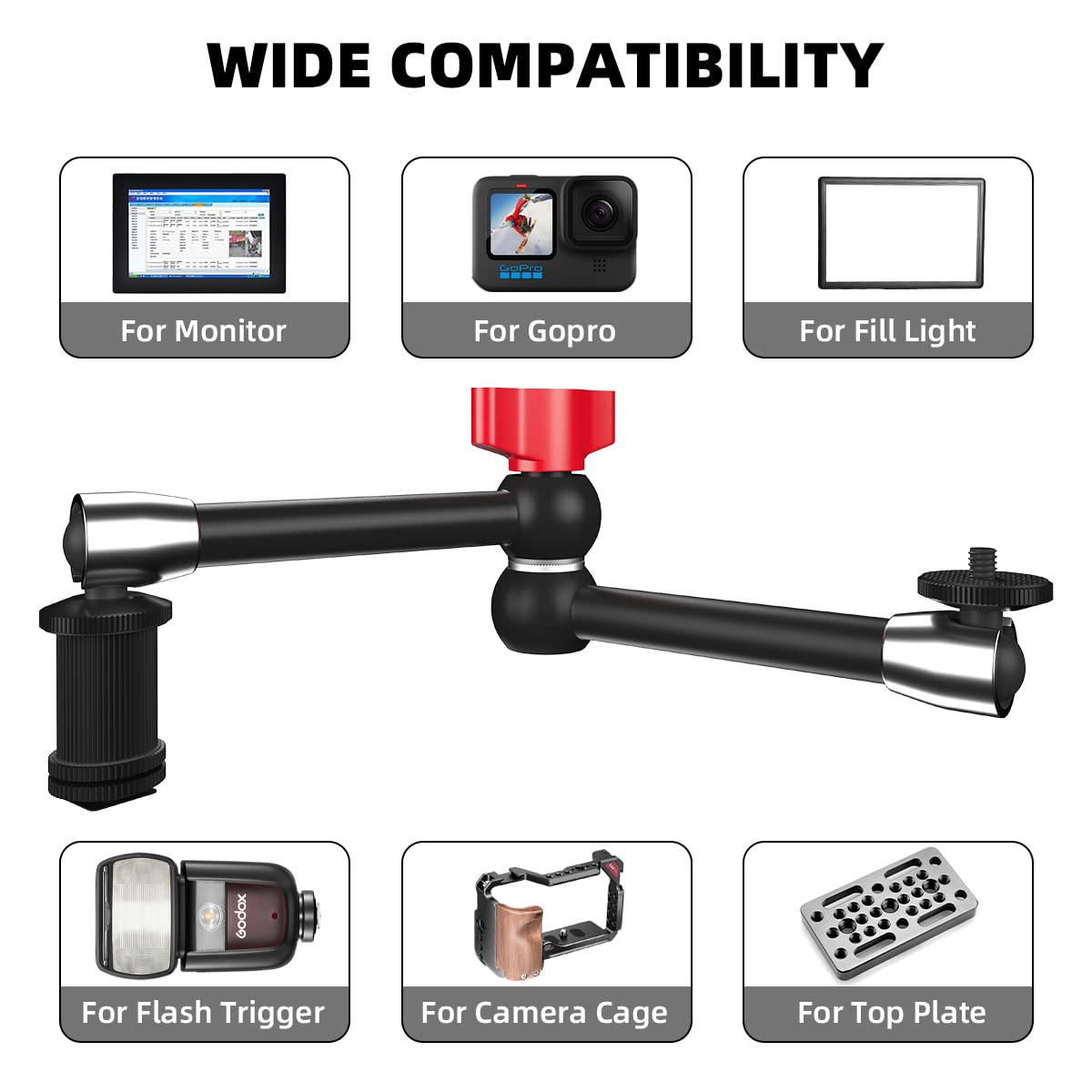Toazoe Adjustable Magic Arm, 11 Inch/28 Cm Articulating Friction Arm Camera Mount With Both 1/4" Thread Screw Compatible With Camera, Lcd Monitor, Fill Light,Flash Led Light