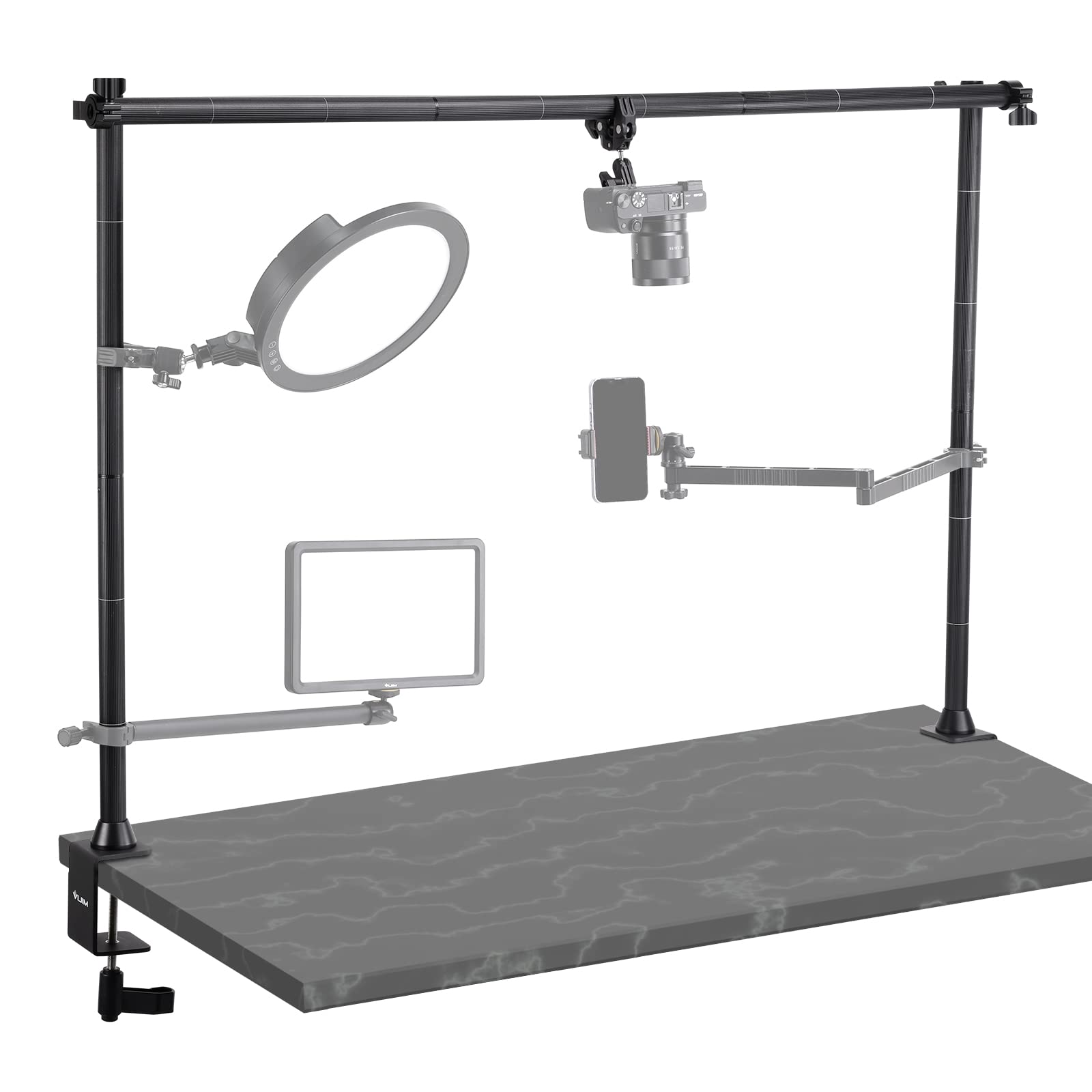 Jusmo Ls15 Desk Overhead Camera Mount Rig Top-Down Shots, Professional Aluminum Tabletop Multi-Device Mount Platform For Product Photography/Video Making/Picture Taking/Live Stream And More
