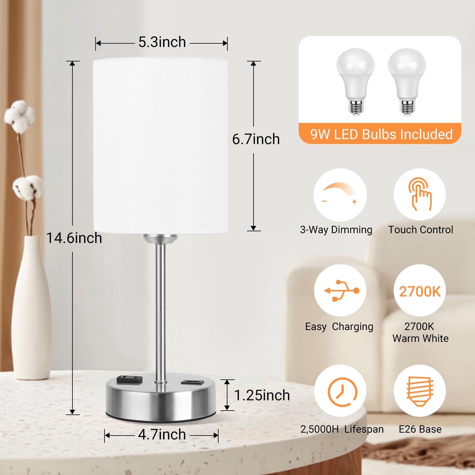 Partphoner Touch Table Lamps For Bedroom Set Of 2, Bedside Nightstand Lamps With Usb Port And Power Outlet, 3 Way Dimmable White Lamp For Living Room Nursery Room, Warm White Bulbs Included