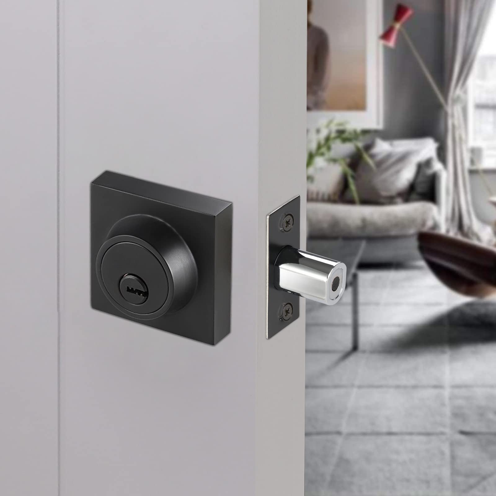 Toocust Square Single Cylinder Modern Deadbolt Lock With Keys, Matte Black Deadbolt For Front Door Entrance, Front Door Security Lock, Keyed 1 Side