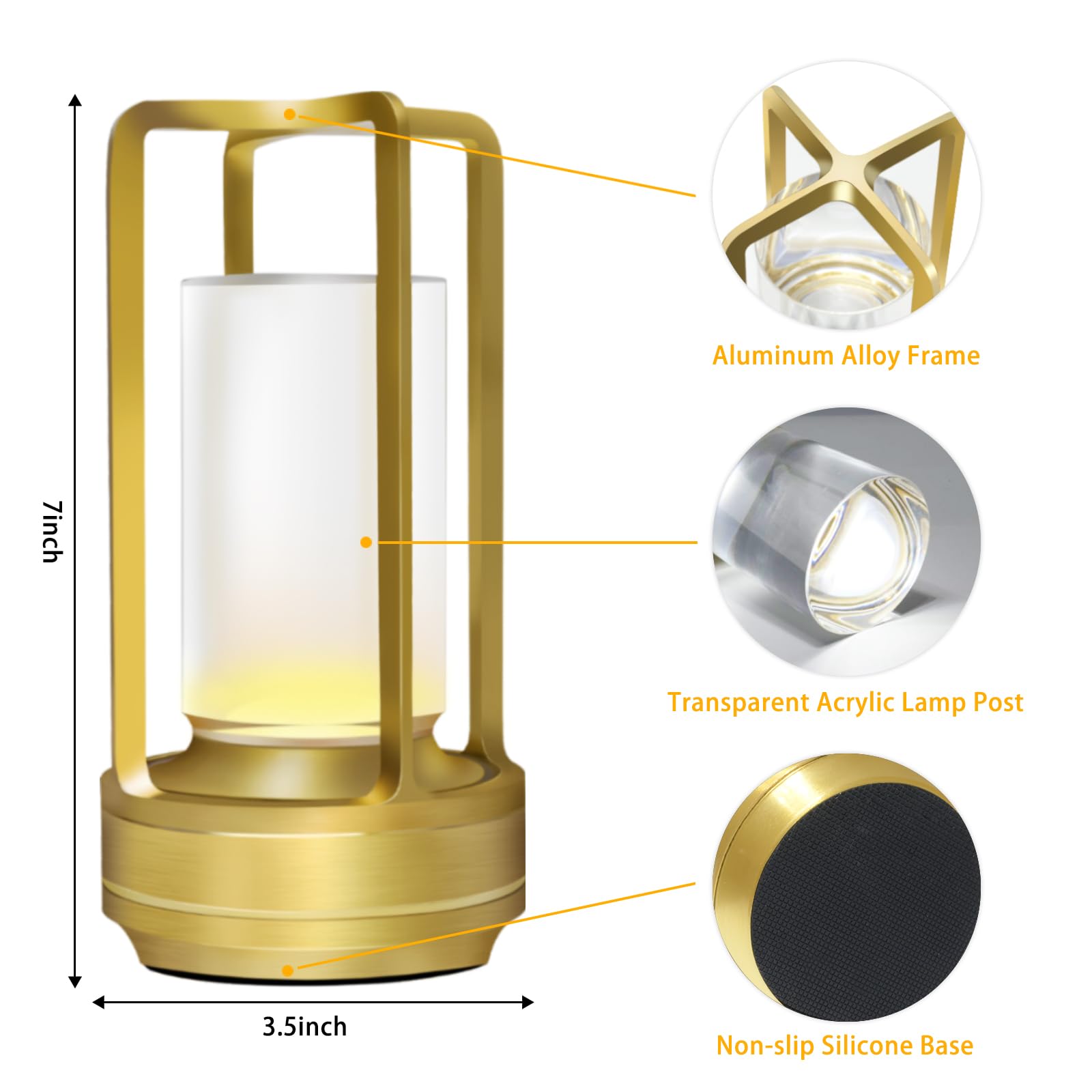 Chivenido Portable Cordless Table Lamp, 4000Mah Lumisom Klarako Crystal Lantern, Rechargeable Metal Table Lamp, 3 Colors Stepless Dimming Touch, Table Light For Restaurant/Bedroom/Bars/Outdoor Party/Camping