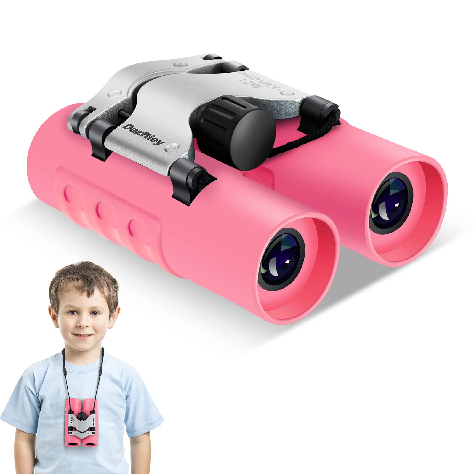 Dazftiey 8X21 High Resolution Binoculars For Kids - Shockproof, Lightweight, Compact For Boys And Girls 3-12 Years - Bird Watching, Camping, Hiking (Pink)
