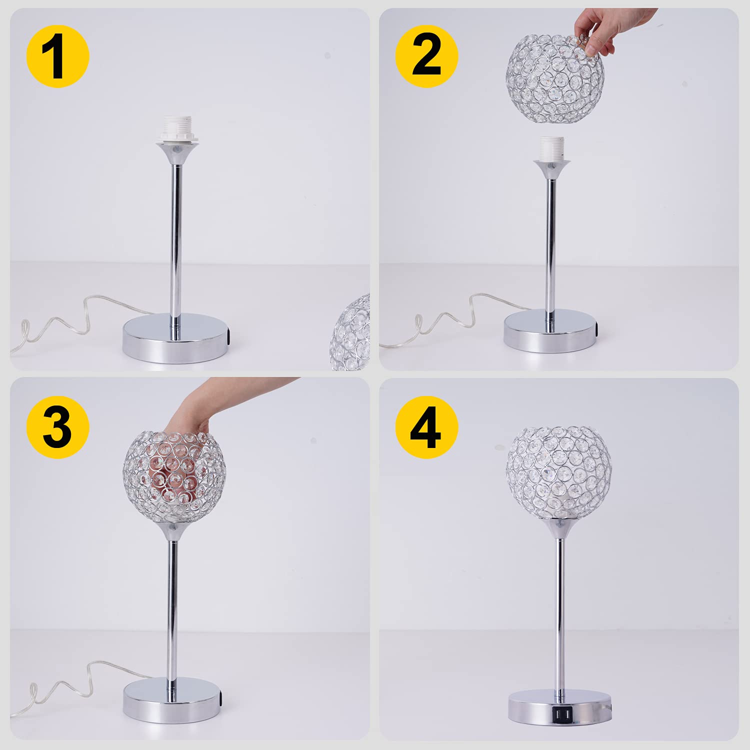 Defloorlight Crystal Touch Control Table Lamp, 3-Way Dimmable Modern Bedside Lamp With 2 Usb Charging Port Nightstand Desk Lamp With Elegant Lamp Shade For Bedroom, Living Room Hotel, Reading, Bulbs Included