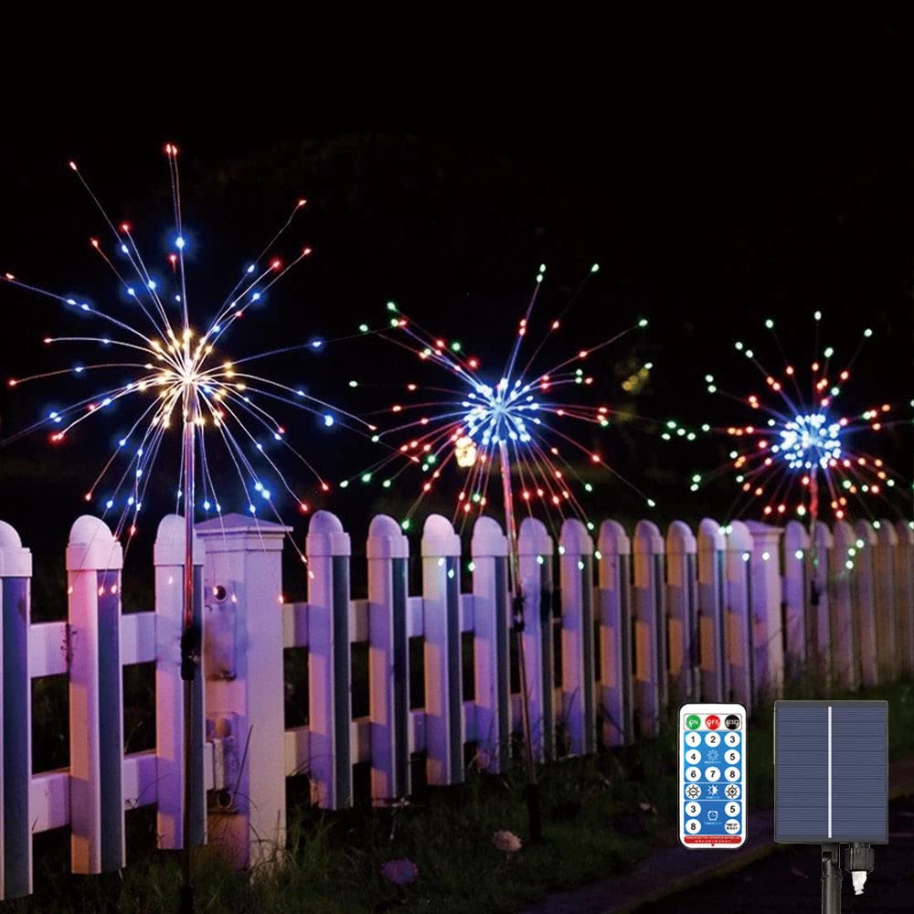 Ninite Lights Upgrated 3 Pack Solar Garden Path Lights With Remote, 120 Led Solar Firework String Lights Outdoor, 8 Modes Landscape Stake Lights For Walkway Backyard Patio Christmas Wedding Party (Colorful)
