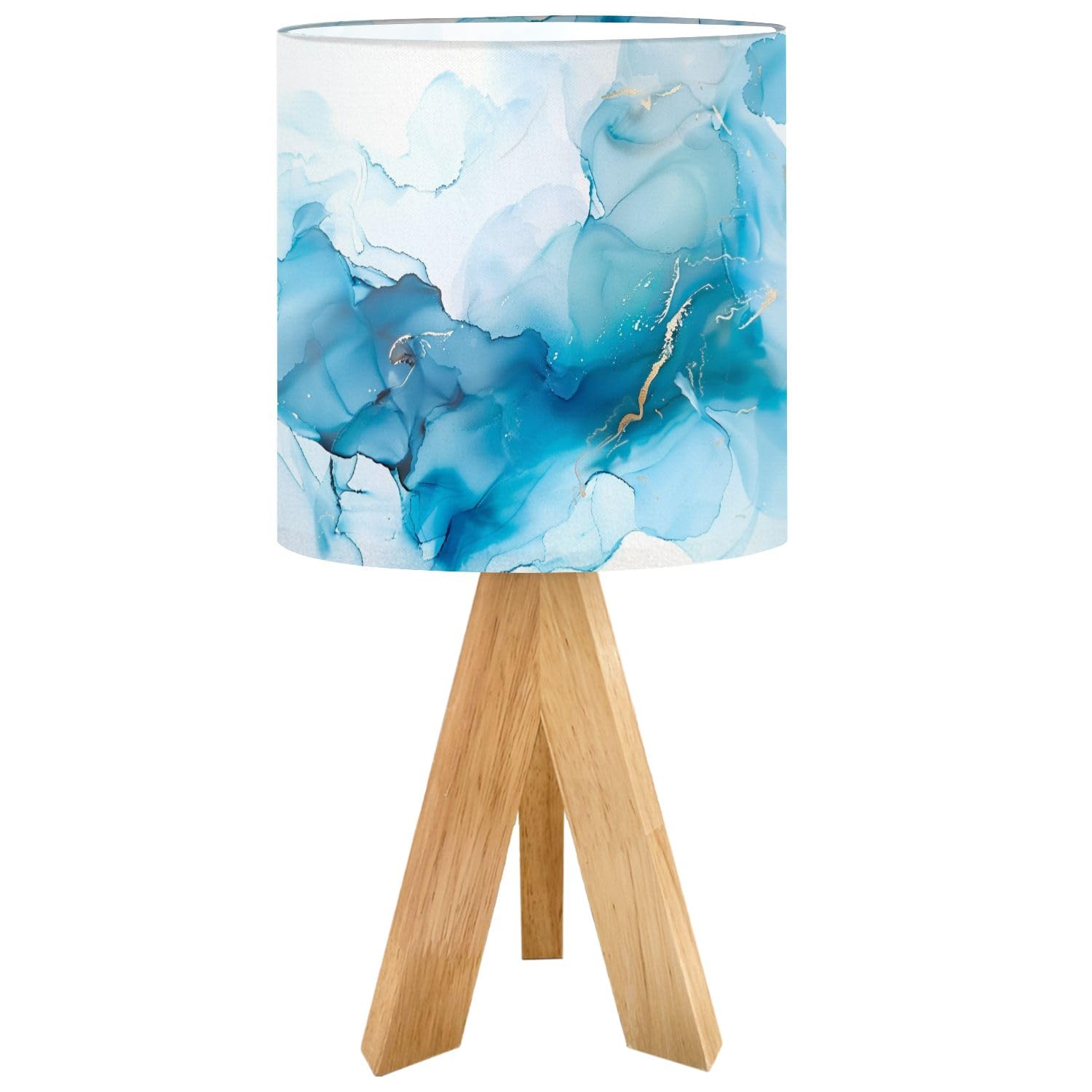 Oepwqiwepz Tripod Bedside Desk Table Lamp Cyan Blue Liquid Watercolor Golden Stains Teal Turquoise Marble Wood Nightstand Lamp With Linen Fabric Shade For Nursery Bedroom Living Room Kids Room