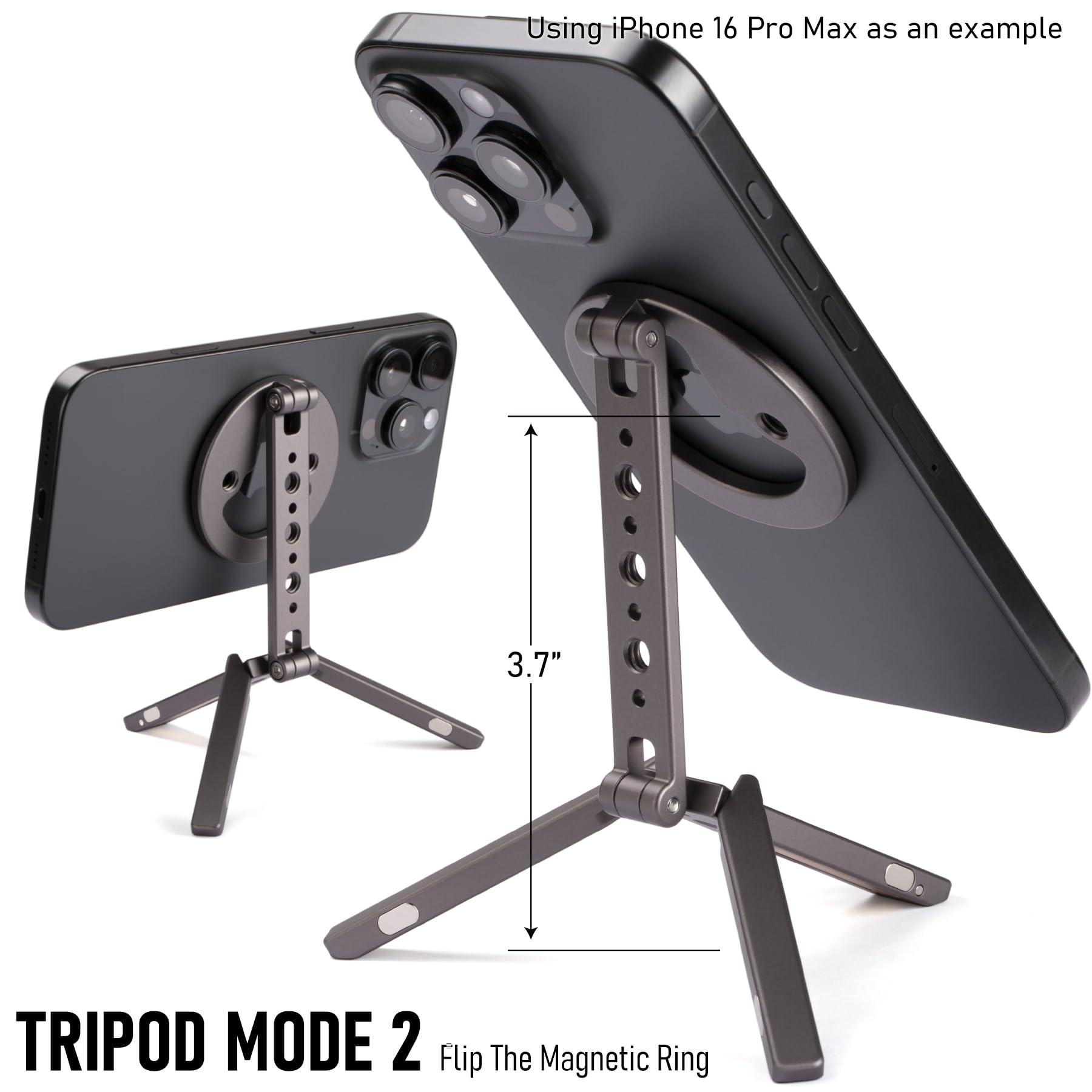 Shiee Magnetic Tripod For Iphone 12/13/14/15/16 & Magsafe Cases Handy Phone Stand 20 N52 Magnets Inside, Cold Shoe Mount, 1/4" Screw & Foldable Hook