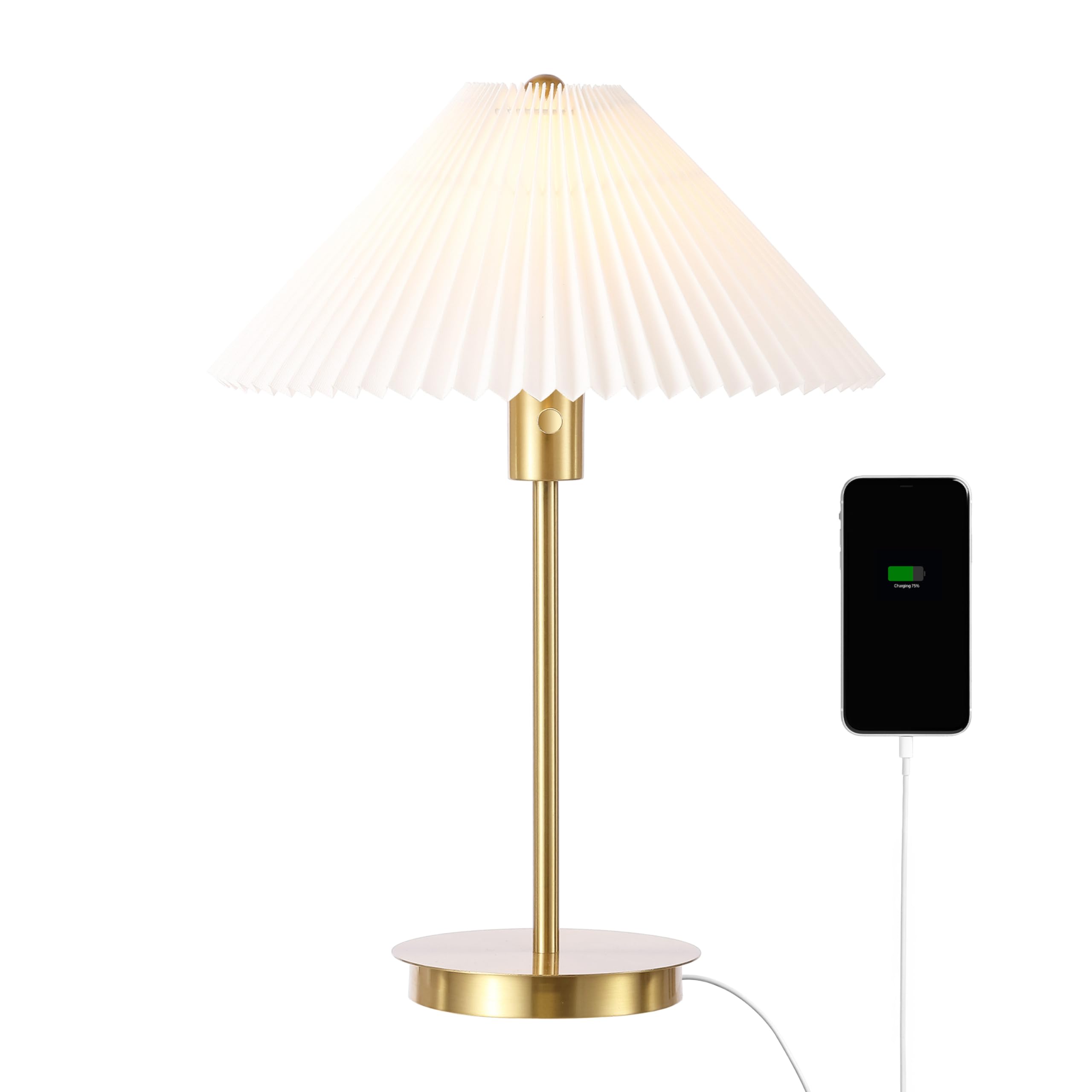 Jonathan Y Jyl1149A Freida 21.25" Modern Glam Metal Column Led Table Lamp With Usb Charging Port And Pleated Shade For Bedroom, Living Room, Office, Brass Gold/White