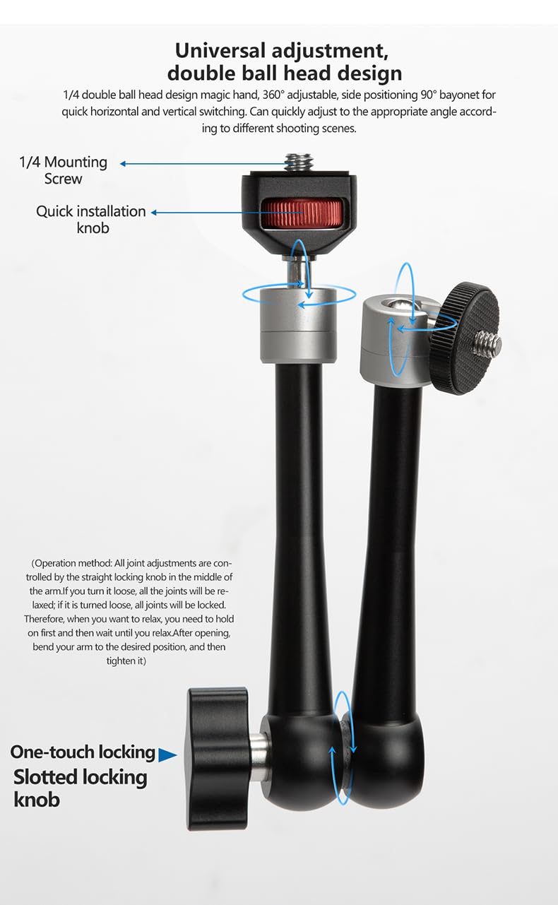 Reflex Camera 11” Articulating Magic Arm 360° Rotation - Camera Monitor Mount With 1/4” & 3/8" Mount Screw, Fully Adjustable - 2Kg Load - Friction Arm For Led Lights, Dslr, Monitors & Microphones