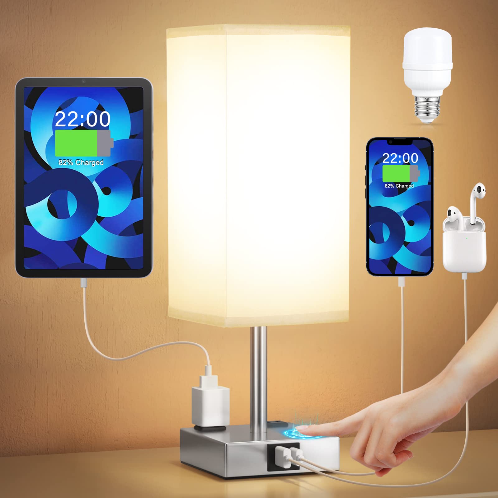 Aooshine Bedside Table Lamp Touch Control, With Usb C+A Charging Ports & Dual Ac Outlets, 3-Way Nightstand Lamp For Bedroom With Lampshade Living Room Office(Led Dimmable Bulb Included)