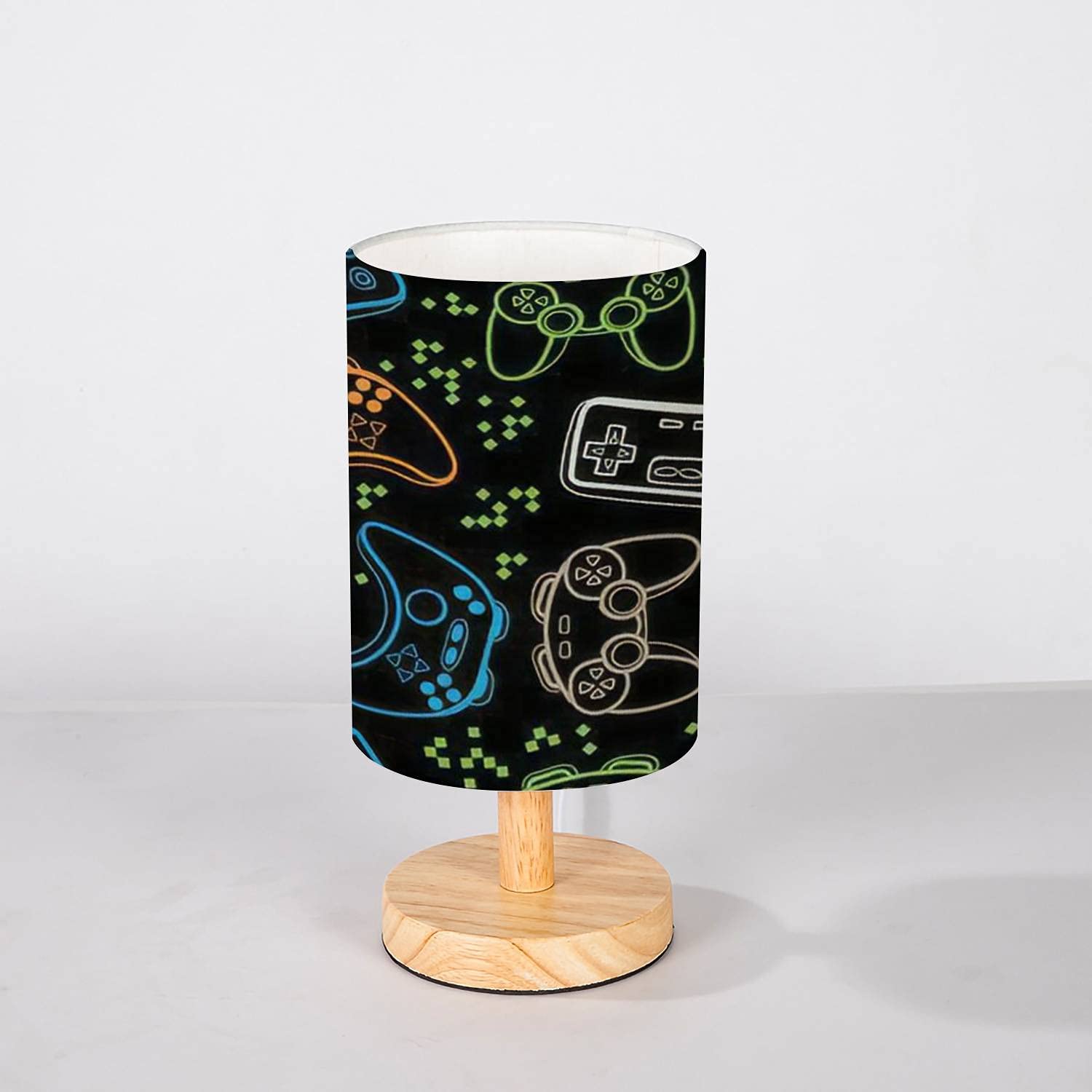 Rainfallaring Minimalist Bedside Table Lamp Seamless Bright Pattern With Joysticks Gaming Cool Print For Boys And Solid Wood Nightstand Desk Base Flaxen Fabric Shade Bedroom Living Room, 5.5X11Inch