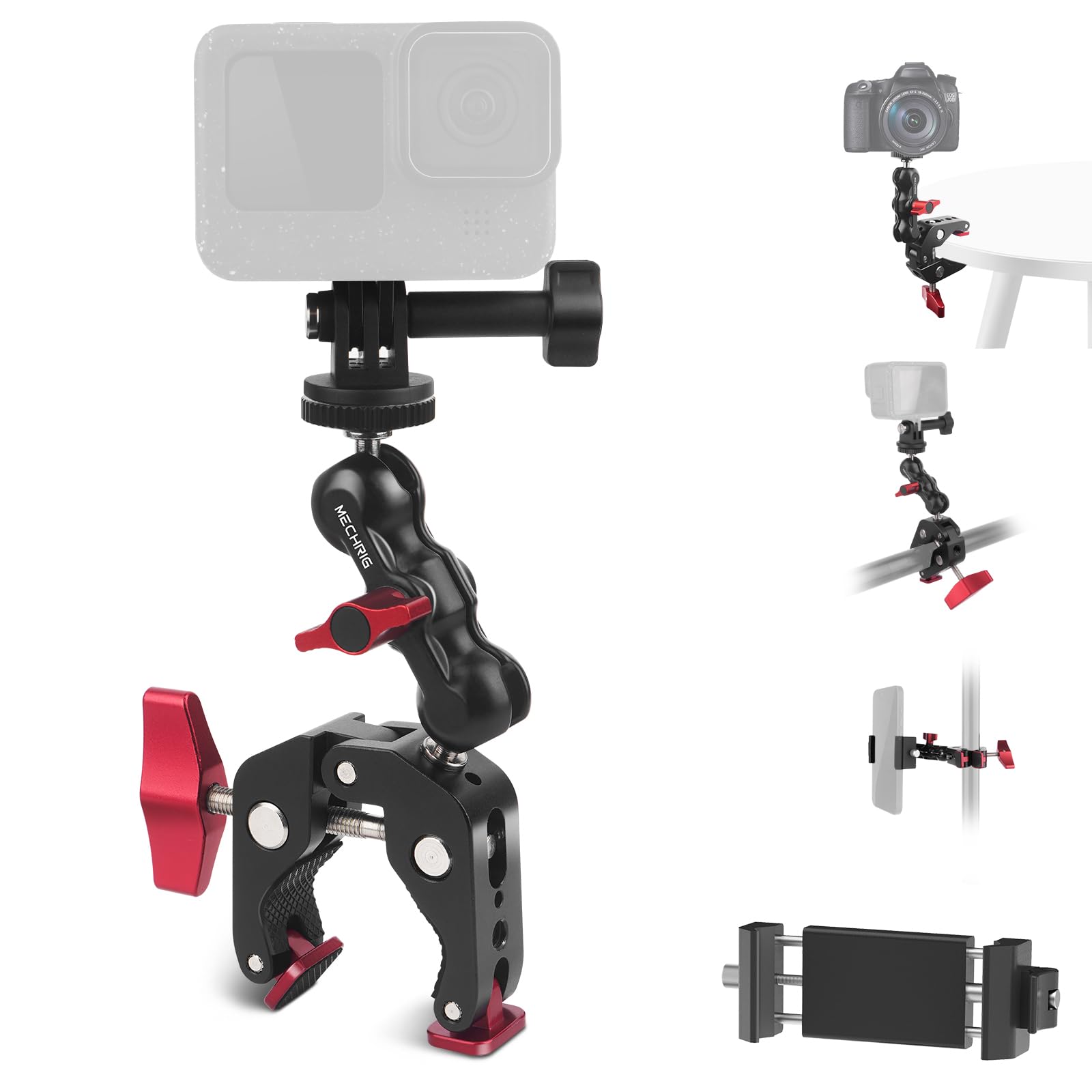 Mechrig Camera Mount Clamp, Super Clamp With Dual Ballhead Magic Arm For/Phone Holder/Tripod Mount Adapter - 1/4" & 3/8" Holes,360°Adjustable For G0Pro,Phone, Microphone,Monitor And Light Jc009