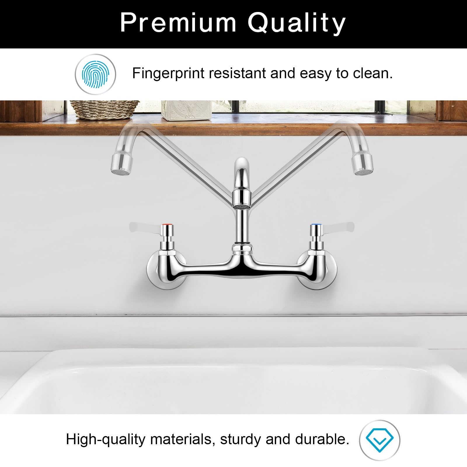 Fgkq Wall Mounted Kitchen Faucets, Kitchen Faucet With 12 Inch Goose Neck, Commercial Kitchen Sink Faucets With 360 Degree Spout, Adjustable Install Distance, Chrome