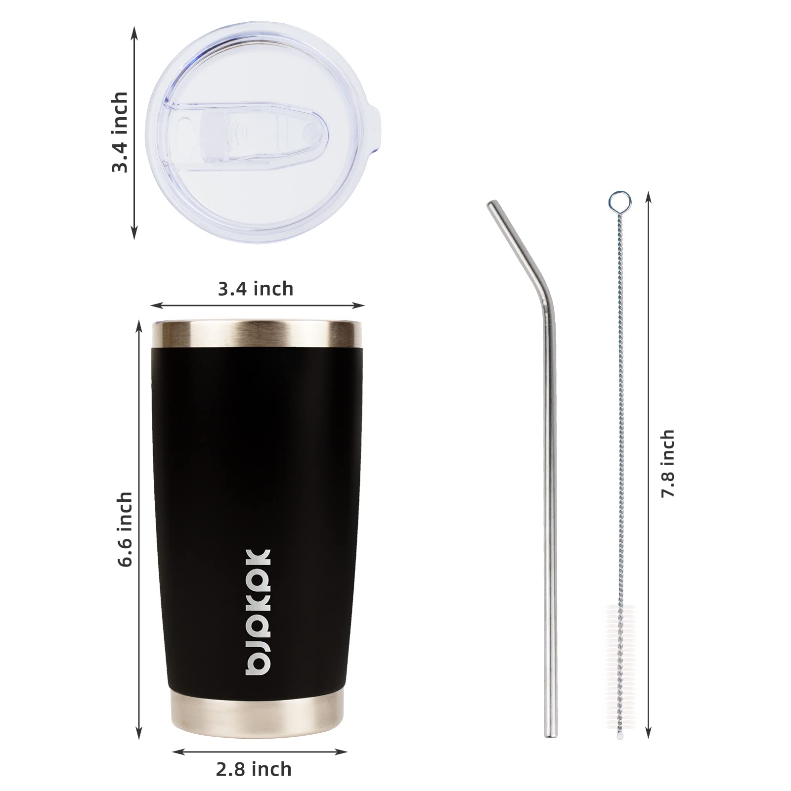 Bjpkpk Black Insulated Tumbler With Lid And Straw 20 Oz Stainless Steel Coffee Tumblers Cup