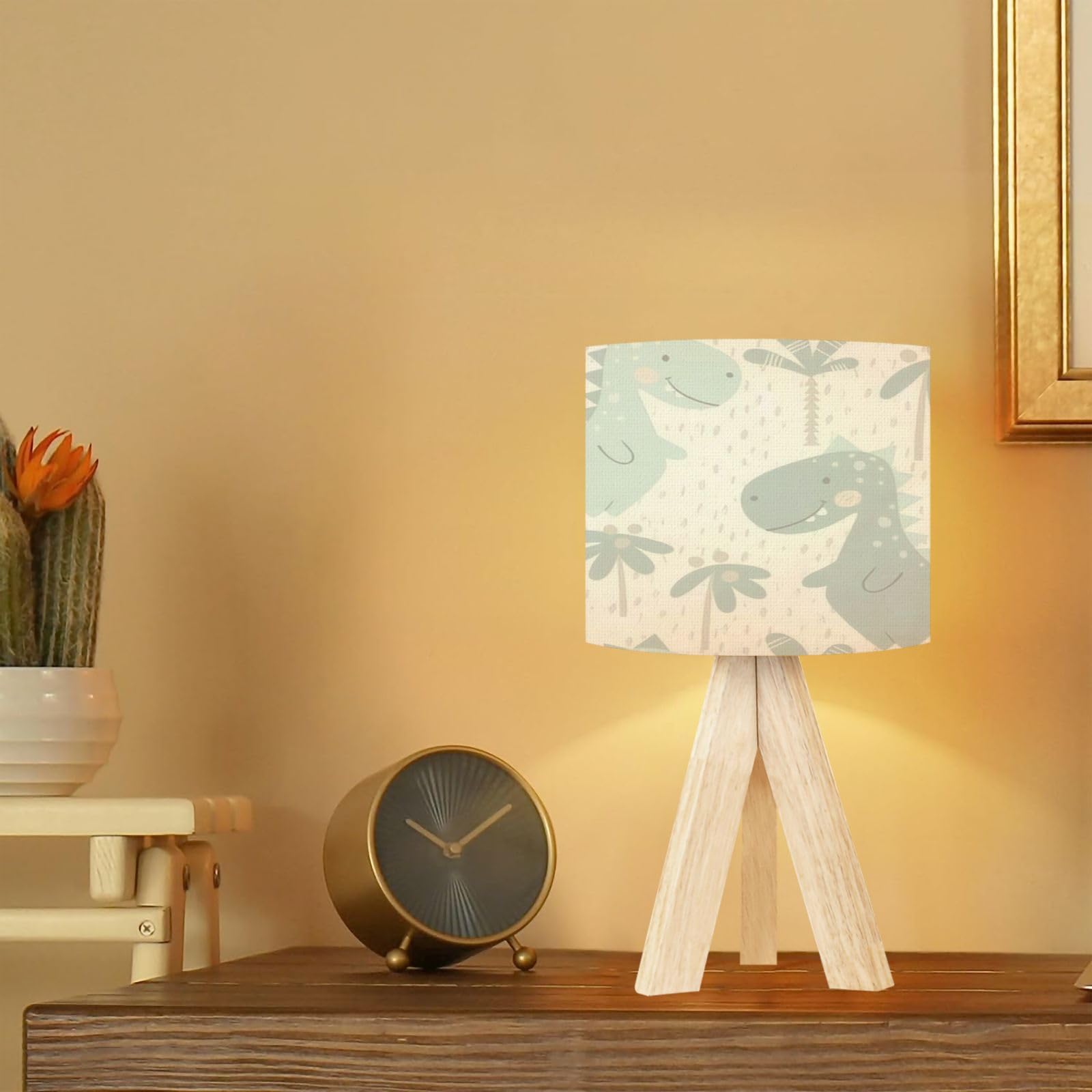 Dqwijakx91 Tripod Table Lamp Dinosaur Baby Boy Seamless Pattern Sweet Dino Palm Scandinavian Cute Modern Bedside Dimmable Desk Lamp Wooden Base Fabric Lampshade For Kids Room, Nursery, Bedroom, Living Room