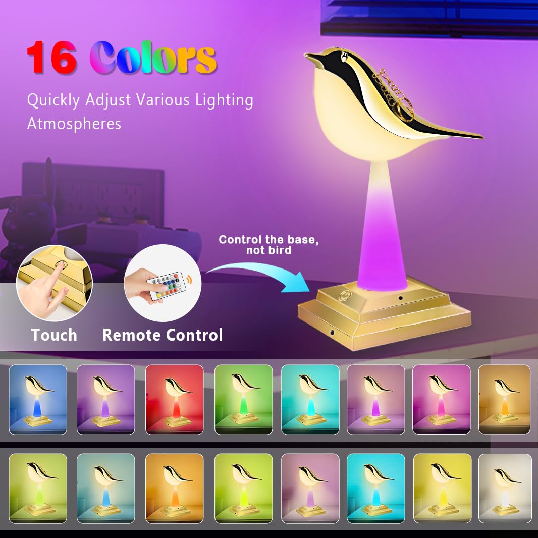 Yotozu Small Bird Touch Lamp, 16 Colors Dimmable And Cordless Bird Night Light, Usb Rechargeable Touch Or Remote Control Table And Desk Lamp With Aroma Diffuser Function For Bedroom (Gold)