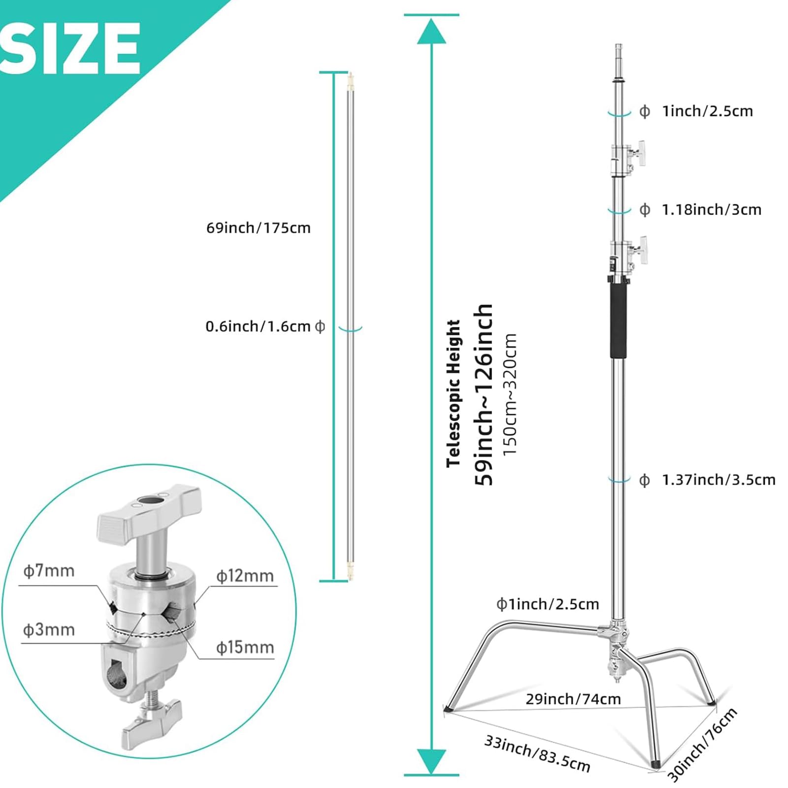 Lapgood Stainless Steel Heavy Duty C-Stand With Boom Arm,10.8Ft/330Cm Adjustable Photography Stand With 4.2Ft/128Cm Holding Arm,2 Grip Head,Sandbag,Storage Bag For Studio Monolight, Softbox, Reflector