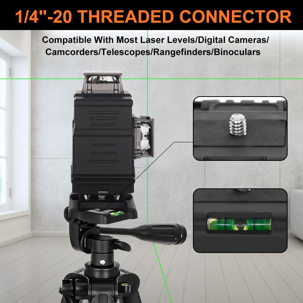 Jeppo 46.85" Lightweight Adjustable Aluminum Tripod For Laser Level, With Bubble Level, 1/4"-20 Thread Interface, 3-Way Swivel Pan Head