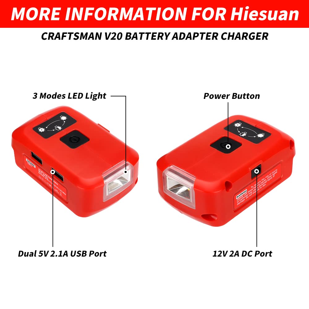 Hiesuan Battery Adapter Charger For Craftsman V20 Li-Ion Battery, Power Source With 3W 140Lm Led Light, 2 Usb Ports, 12V Dc Port Flashlight Worklight Outdoor Camping Lantern Light