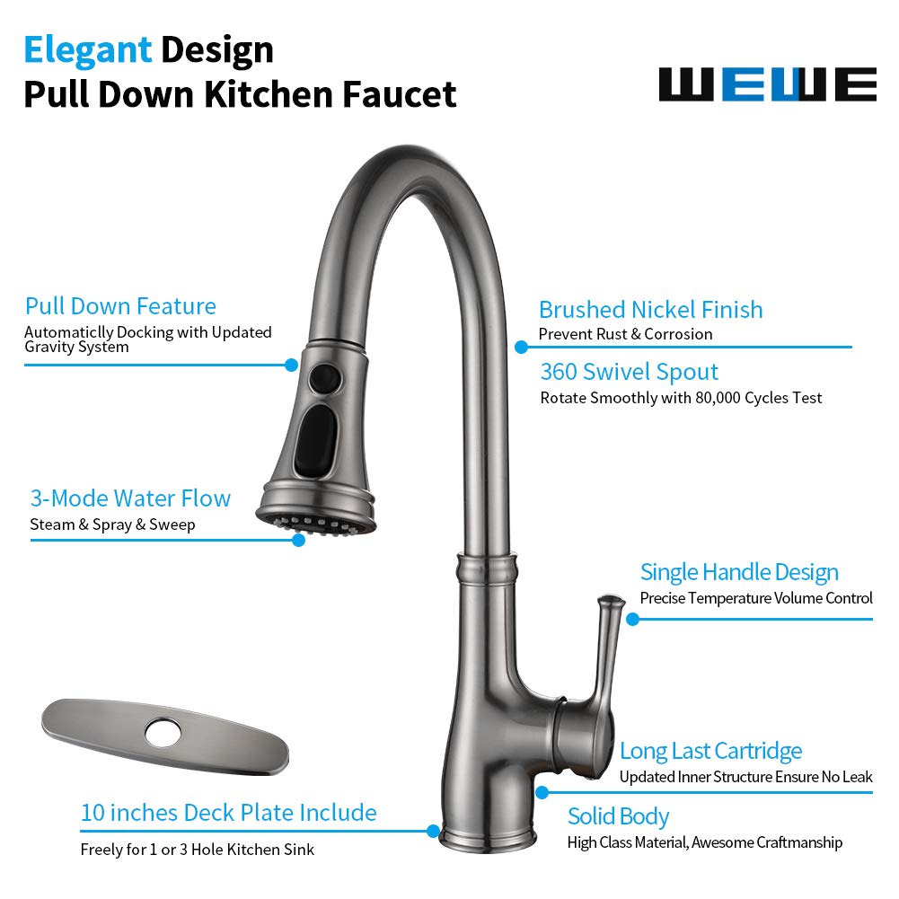 Wewe Kitchen Faucet-Single Handle Stainless Steel Brushed Nickel Pull Down Kitchen Sink Faucet With Pull Out Sprayer