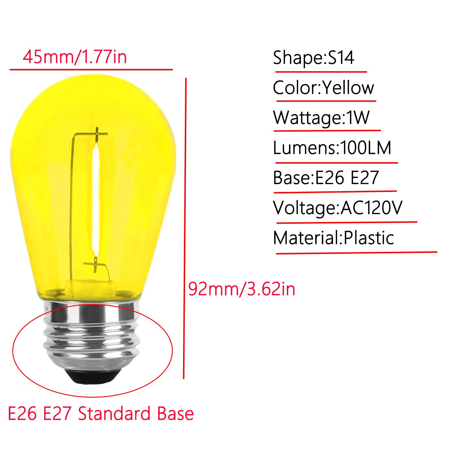 Lrsueyskin Yellow Led Bulb S14 1W Replacement String Night Lights Plastic Shatterproof Colored Bulbs E26 Base Decorative Sign Light Bulbs String Light Replacement Bulbs For Indoor Outdoor Party Holidays, 15 Pack