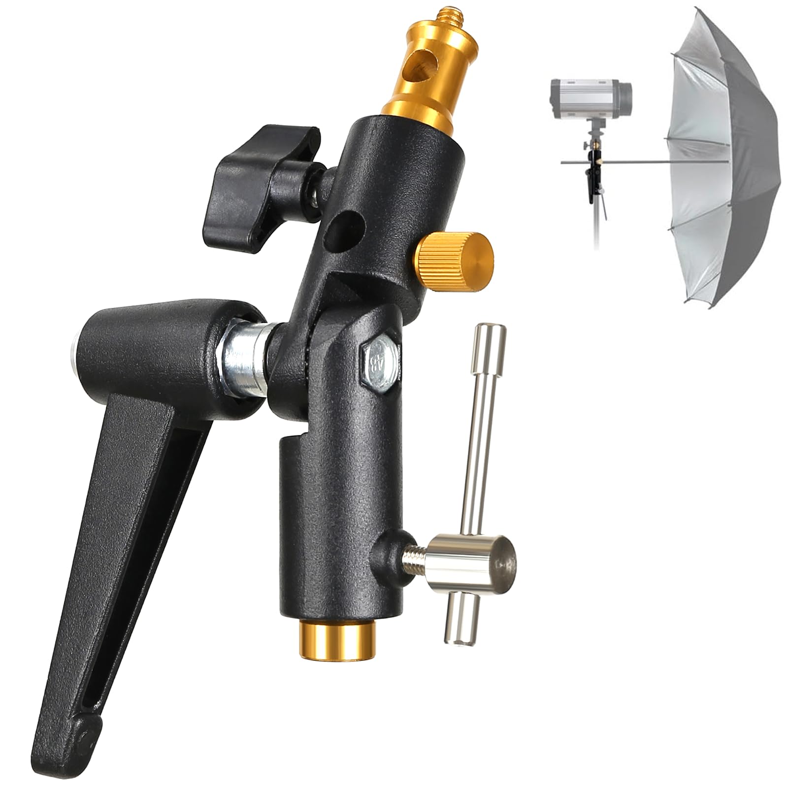 Konseen Camera Flash Shoe Bracket H Type Mounts With Multi Functional Umbrella Reflector Insert Hole Holder,180° Adjustable Light Stand Mount Adapter With 1/4" & 3/8" Female Screw For Photography Studio