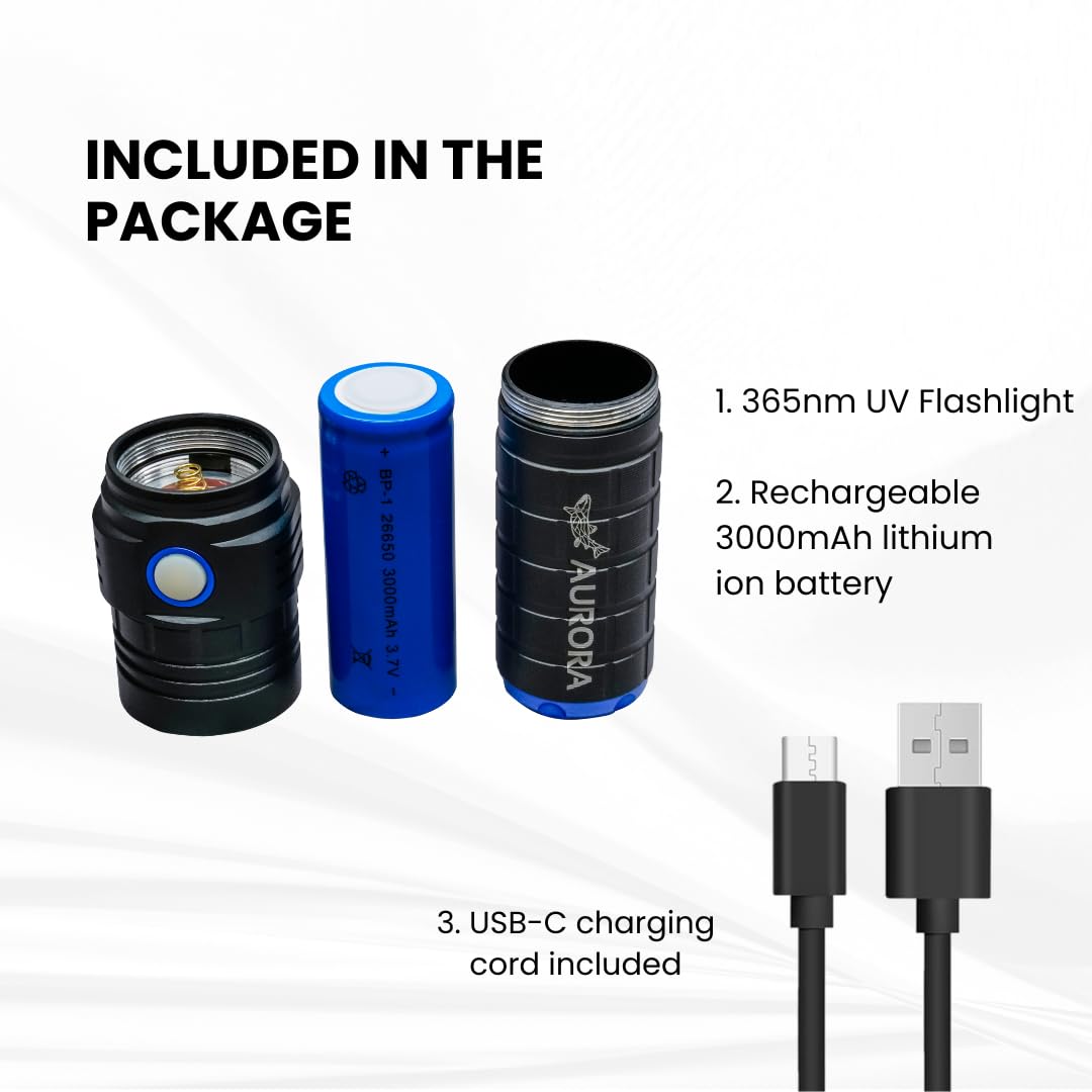 Aurora Fishing Gear High Power Rechargeable Uv 365Nm Flashlight - 30W Output, 3000Mah Battery, Usb-C Charging, Quick-Charging For Glow Fishing Lures