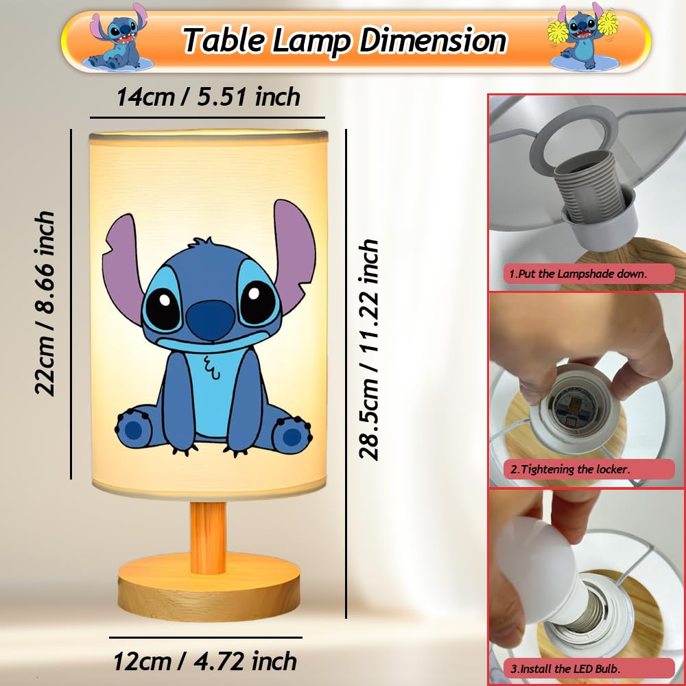 Gifizol Stitch Bedside Table Lamp For Bedroom, Stitch - 3 Colors Nightstand Light Lamp, Wood Base Round Flaxen Fabric Shade Desk Reading Lamp For Kids Room, Led Bulb Included, Stitch Stuff Girls