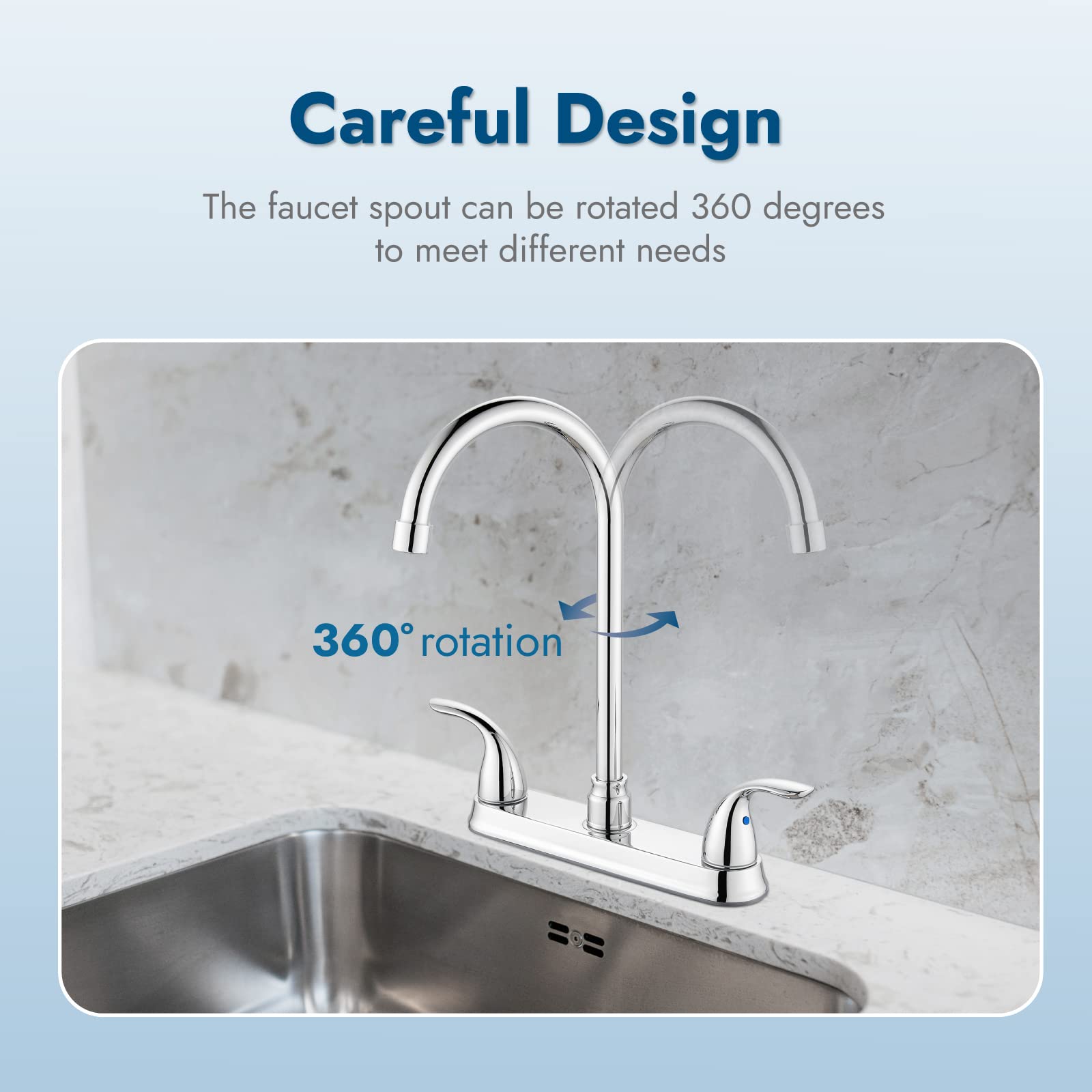 Cinwiny 8 Inch Kitchen Sink Faucet Deck Mounted 3 Hole 2 Handle Kitchen Faucets High-Arc 360 Degree Swivel Spout With Supply Lines,Polish Chrome
